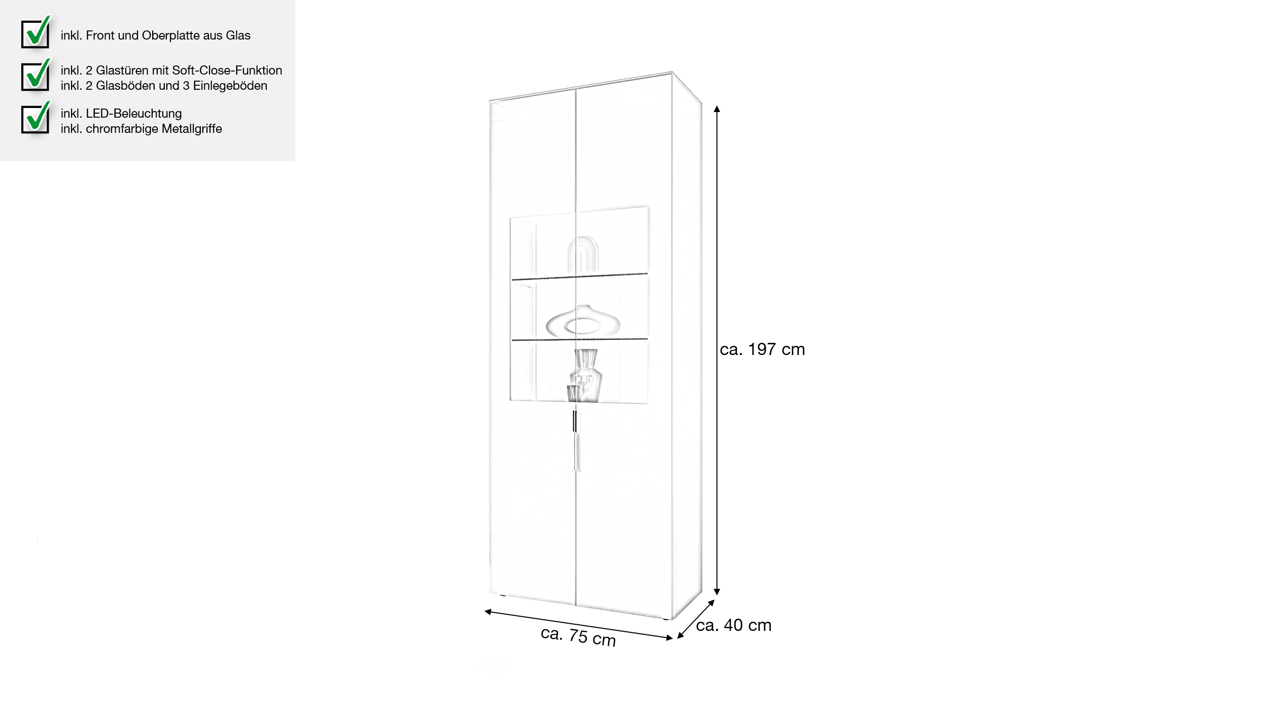 Vitrine mit Beleuchtung weiß - Glasfront - Breite 75 cm - SANTORIN