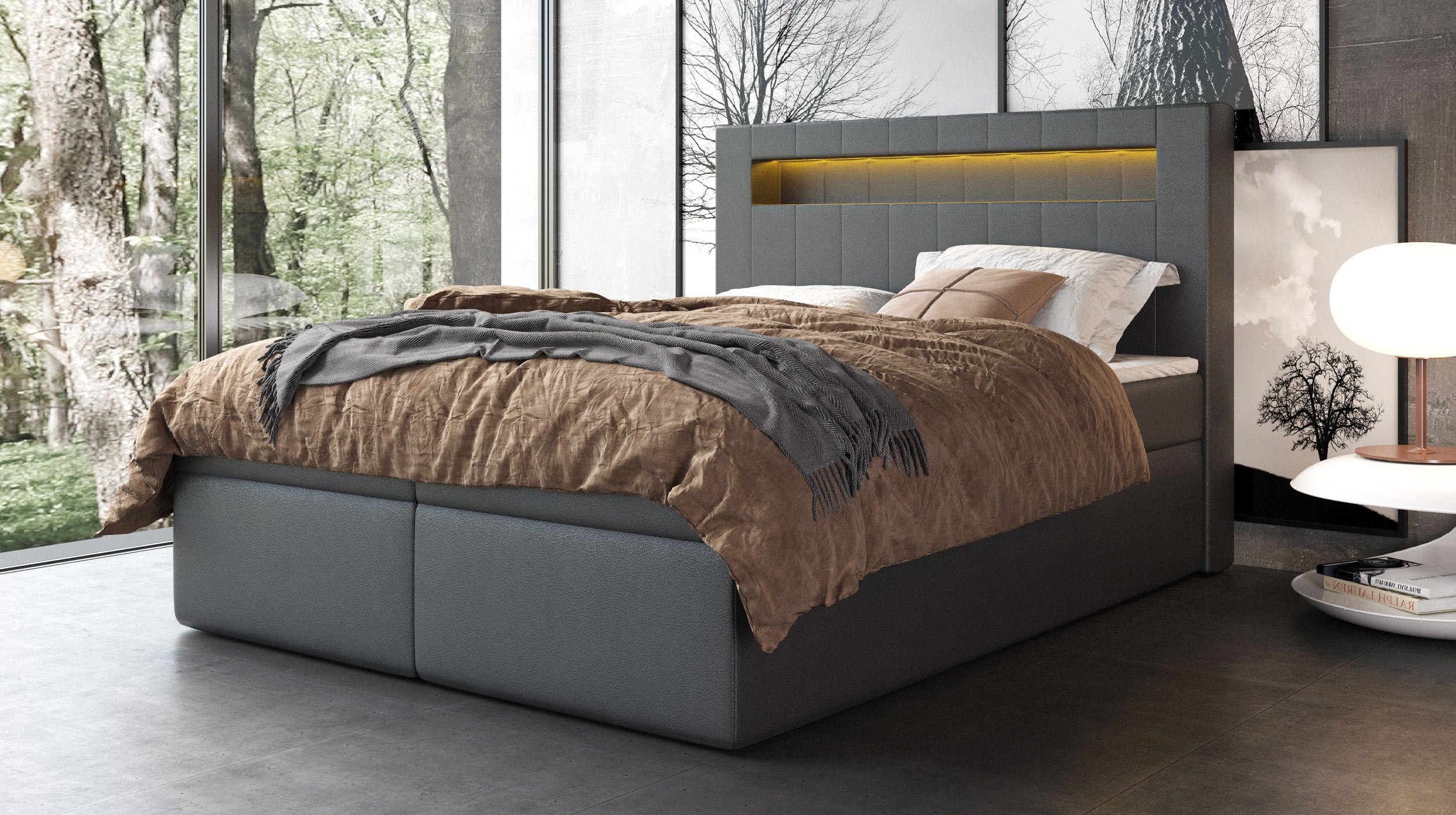Boxbett 180 x 200 cm graphit Lederlook mit Bettkasten - ASPEN