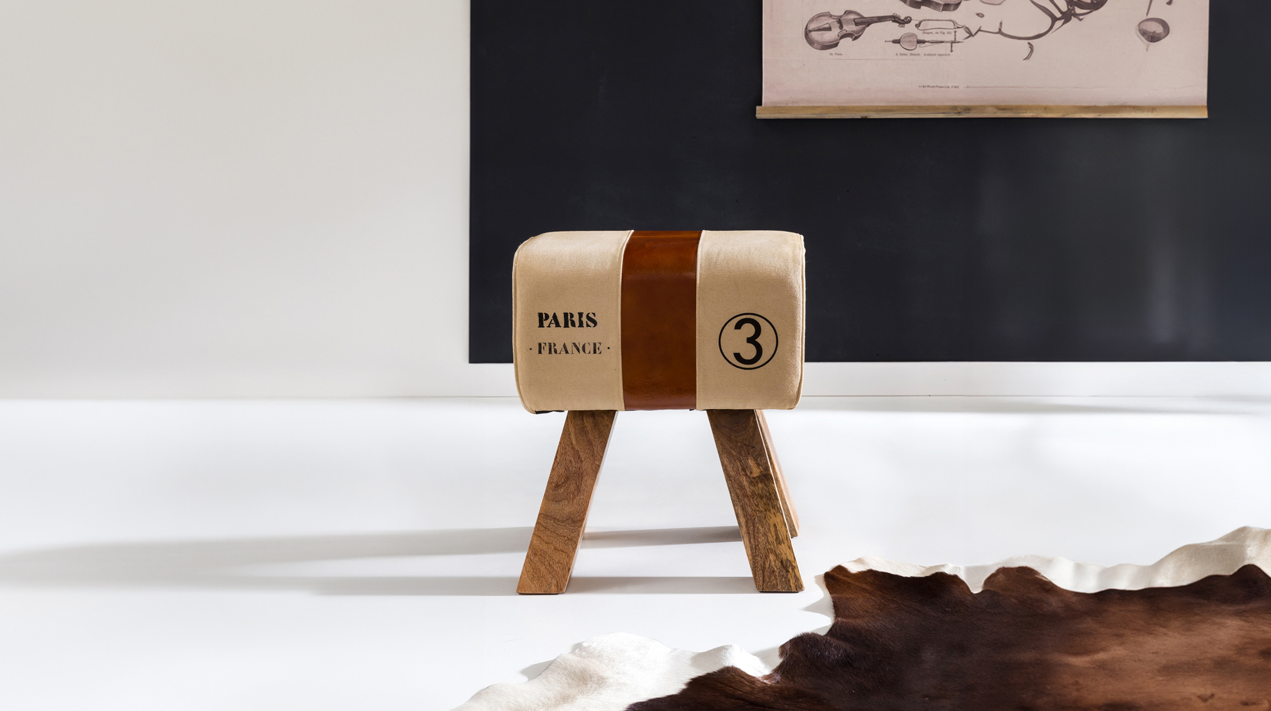 Sitz- & Fußhocker Stoffbezug beige Mango massiv lackiert - CARLAS