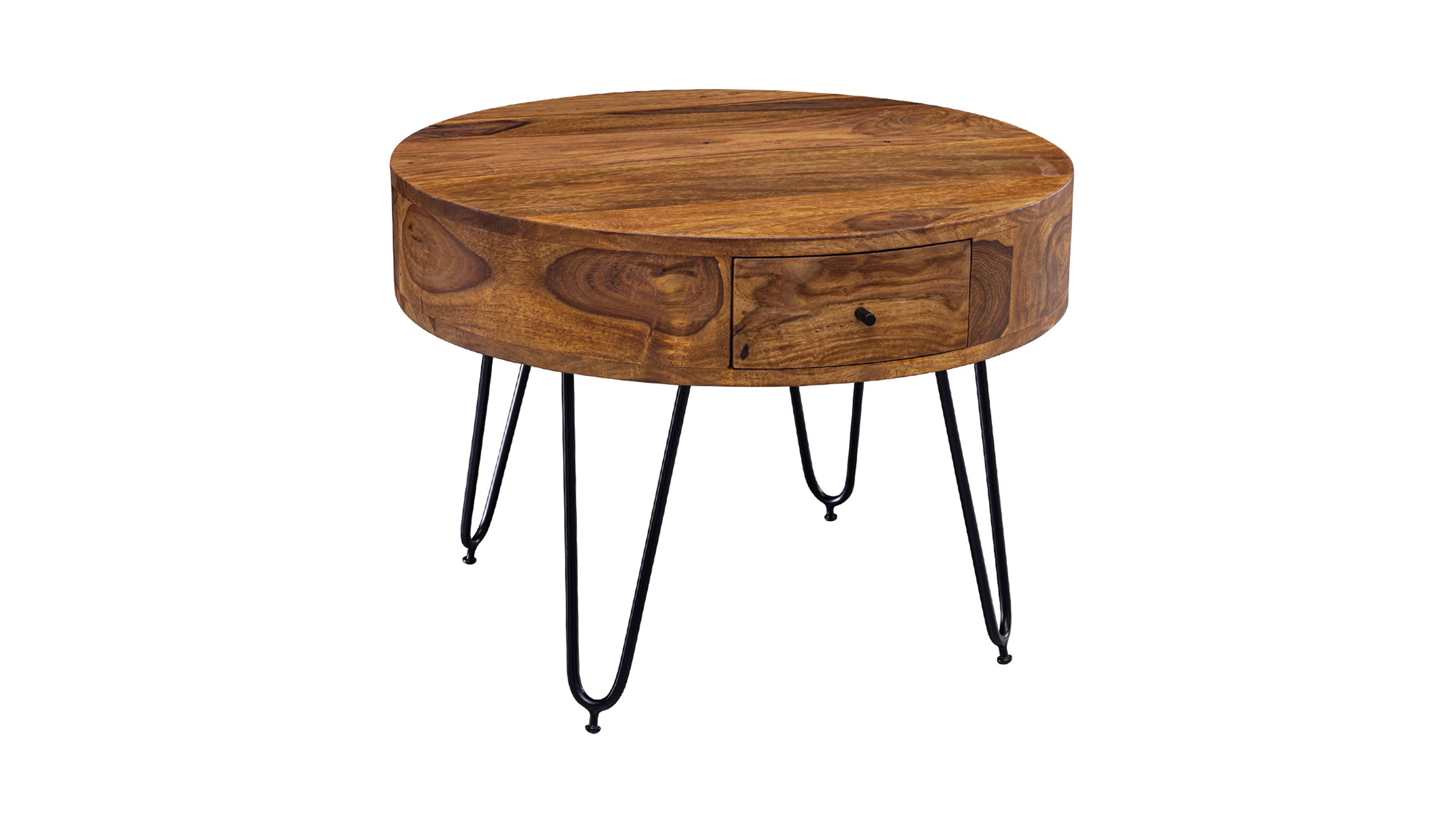 Couchtisch rund mit Schublade Sheesham massiv gebeizt 60 cm - THORE