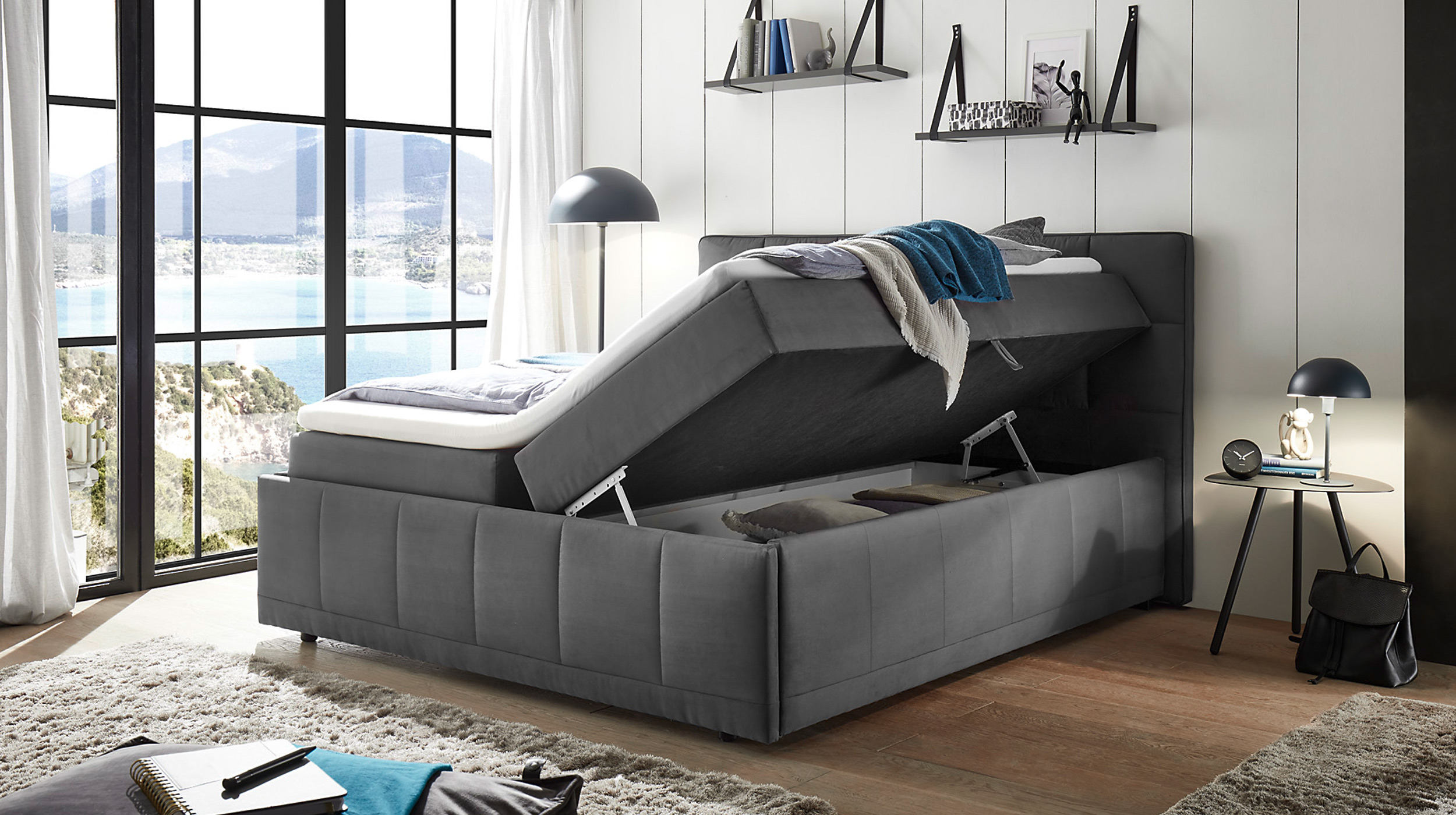Boxbett 180 cm - mit Bettkasten - anthrazit - FULHAM