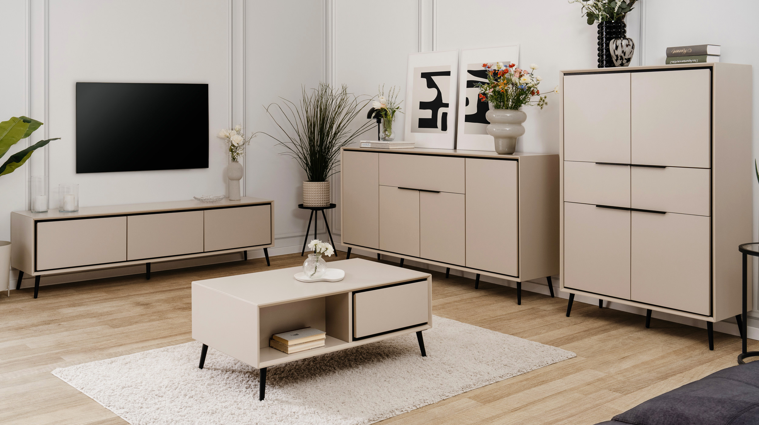 TV - Lowboard beige schwarz 175 cm TV-Board - ARONA