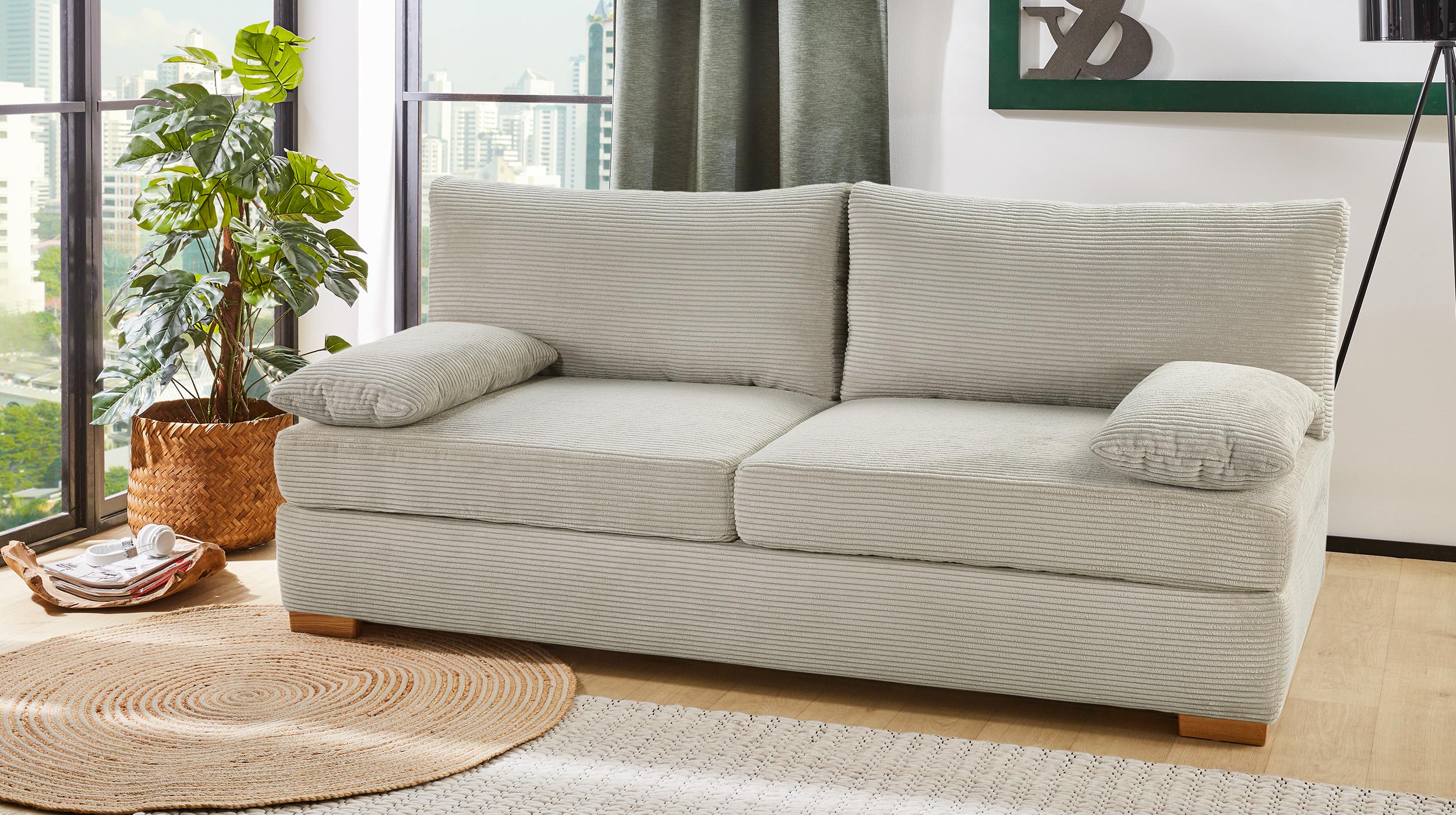 Schlafsofa Bettkasten Cord grau-beige 201 cm Dauerschläfer - DERBY