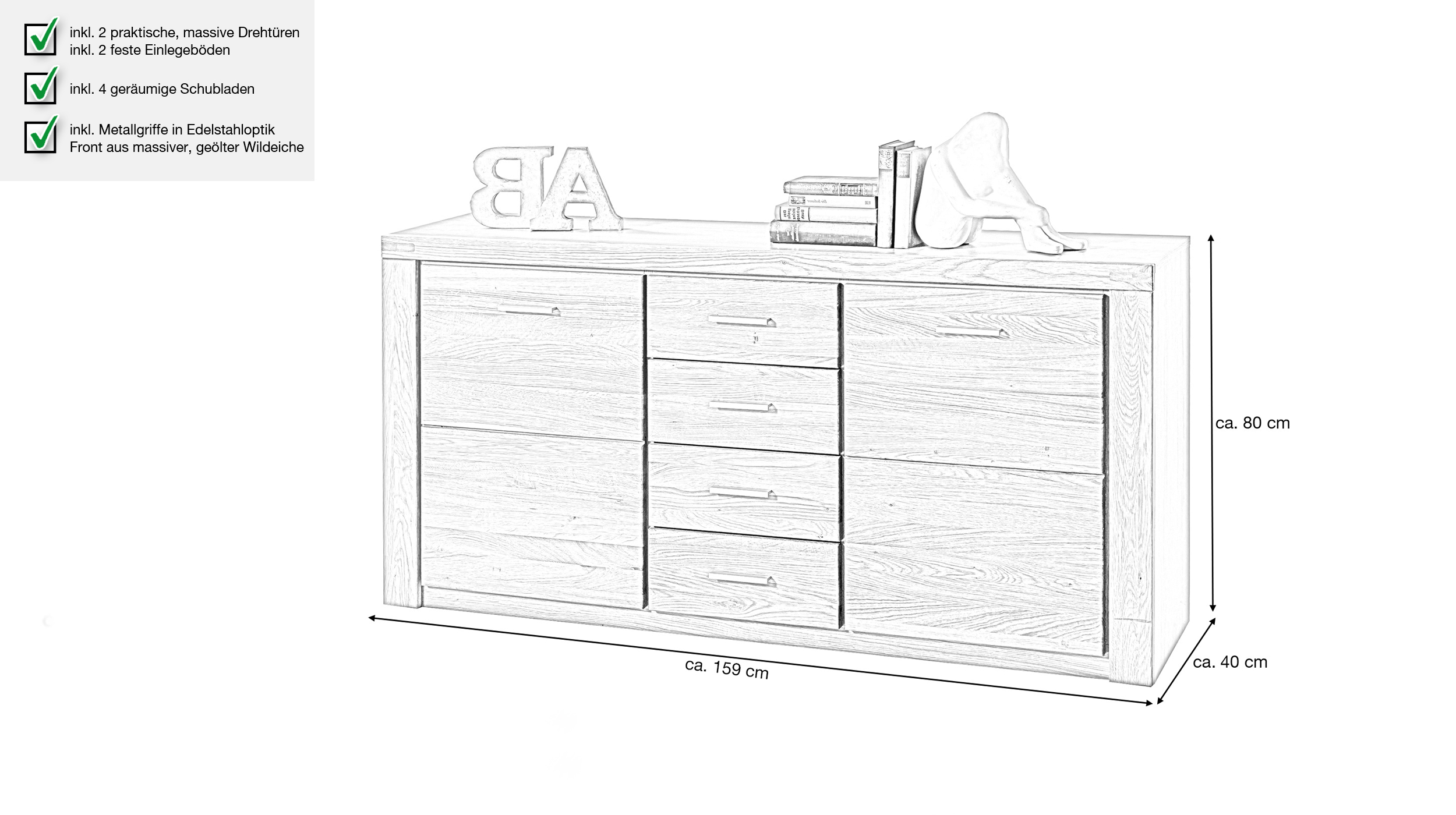 Sideboard Wildeiche teilmassiv geölt 159 cm - FREYJA