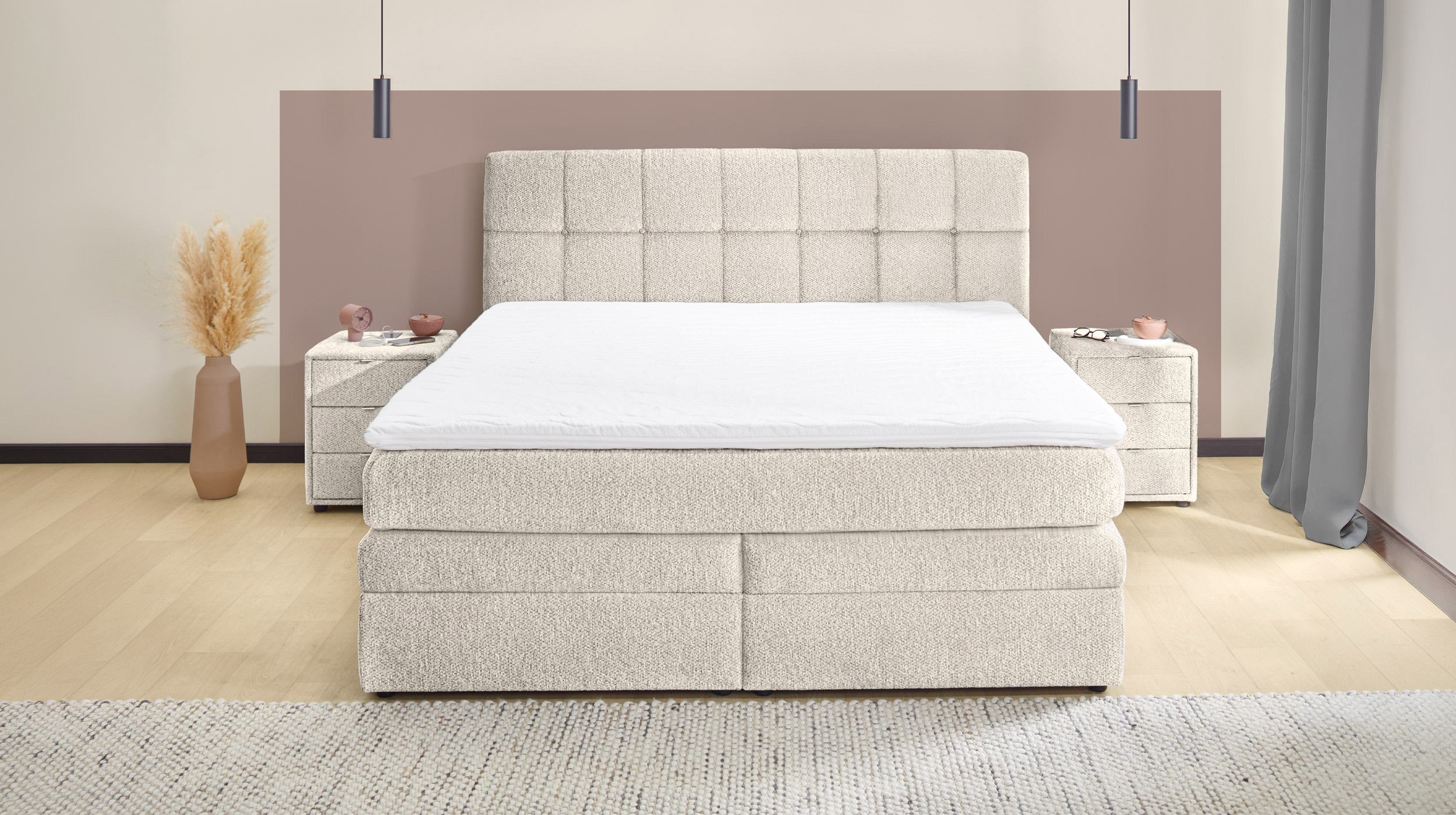 Boxspringbett Chenille grau-beige 200 x 200 cm mit Bettkasten - AMY