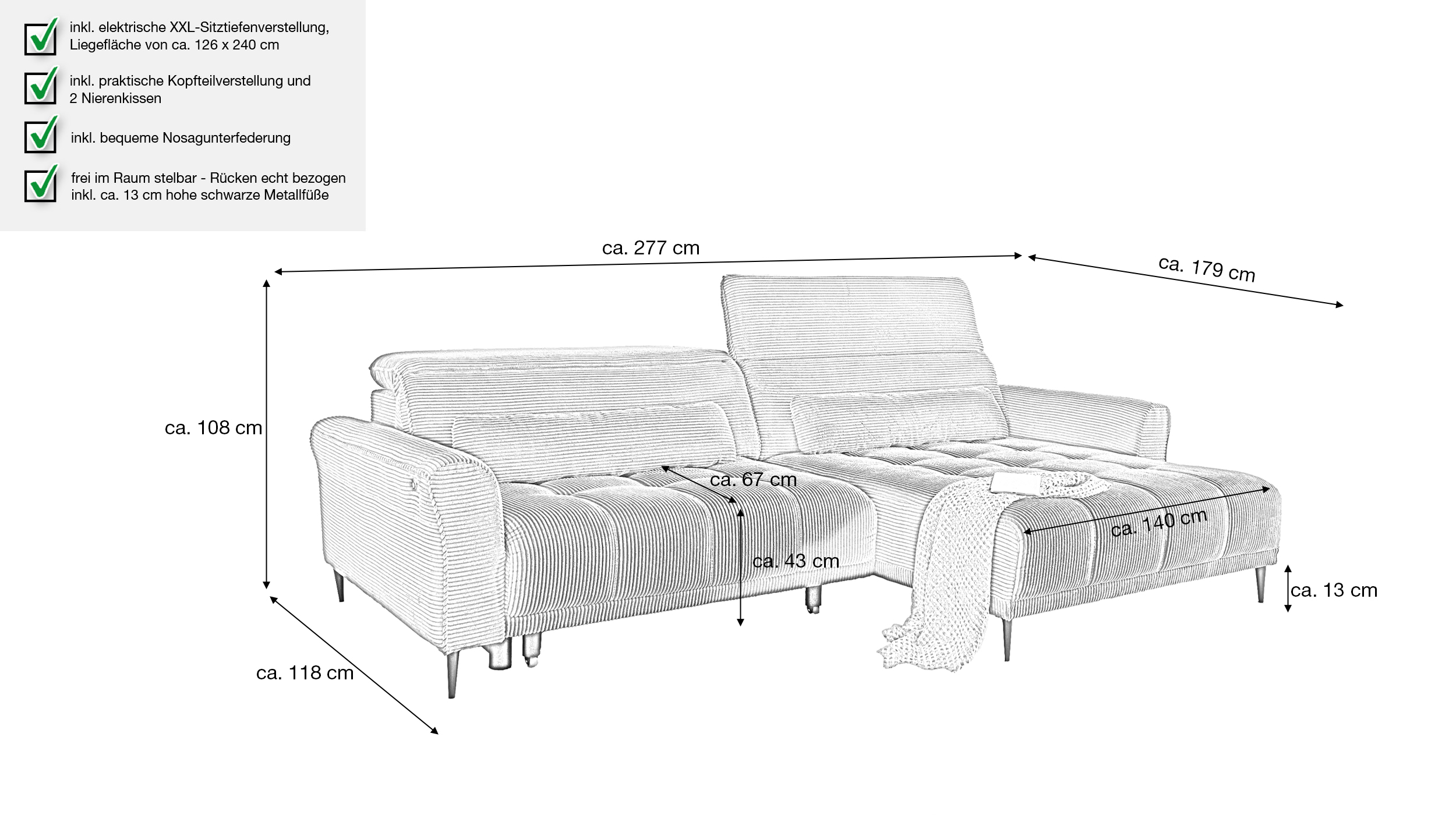 Ecksofa Cord rost ausziehbar - Sitztiefenverstellung 277 cm - OT rechts - LOGAN