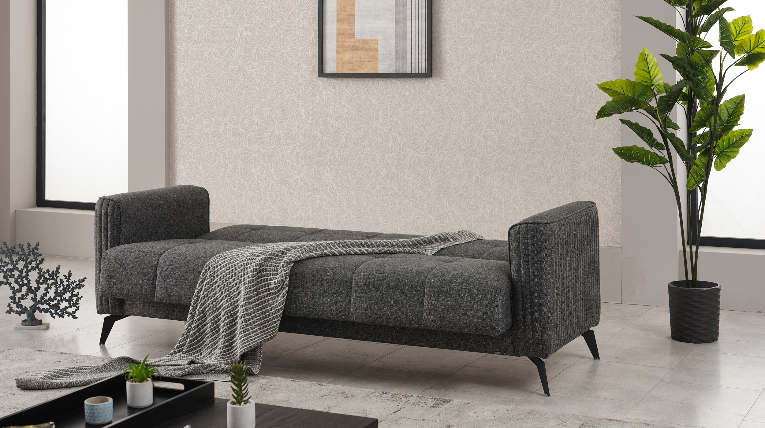 Einzelsofa 3-Sitzer mit Schlaffunktion 220 cm anthrazit - BELSAMO