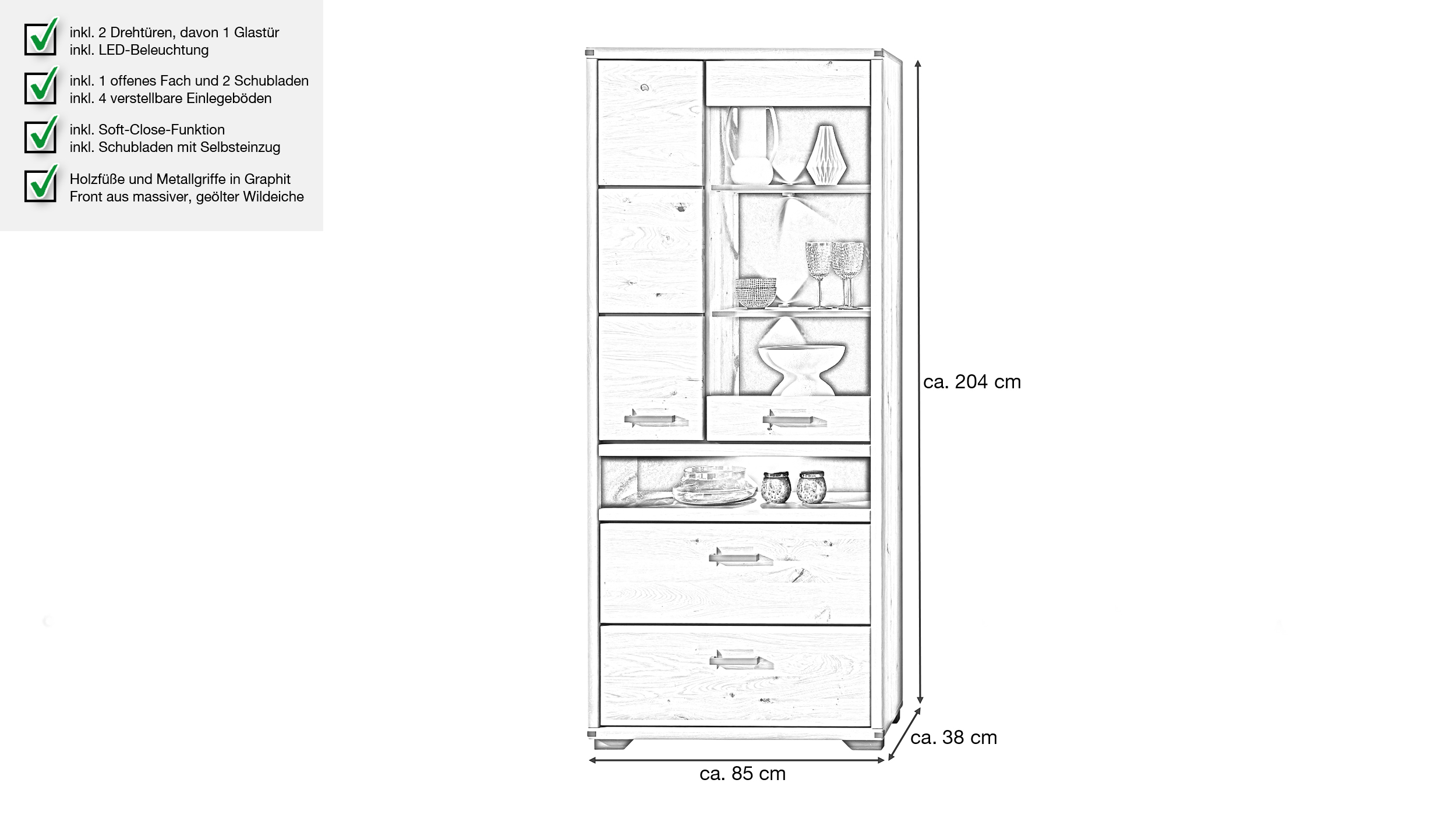 Vitrine mit Beleuchtung Wildeiche massiv Breite 85 cm - CATANIA