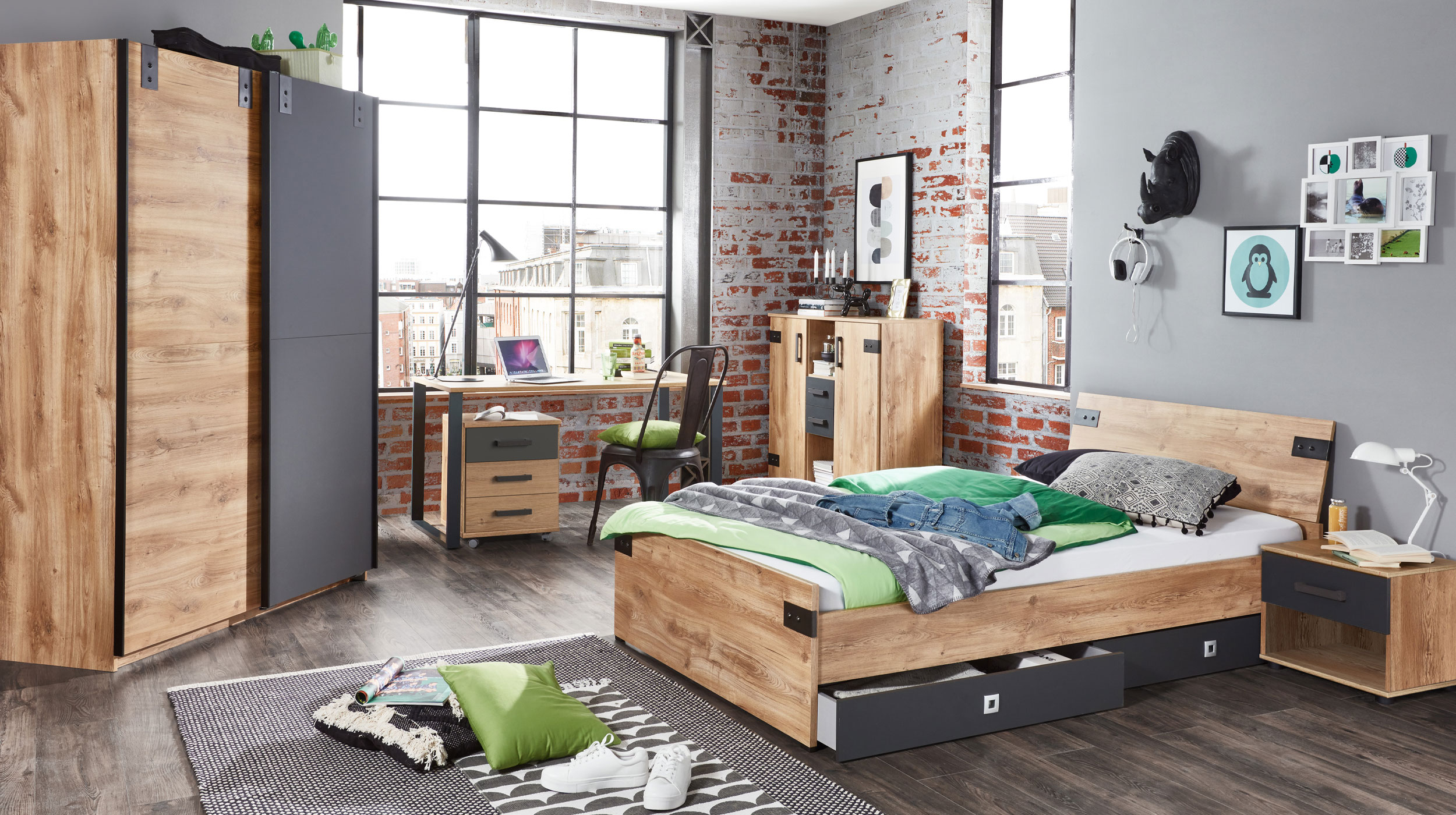 Highboard mit 2 Schubladen Eiche - graphit 124 cm - LIVERPOOL