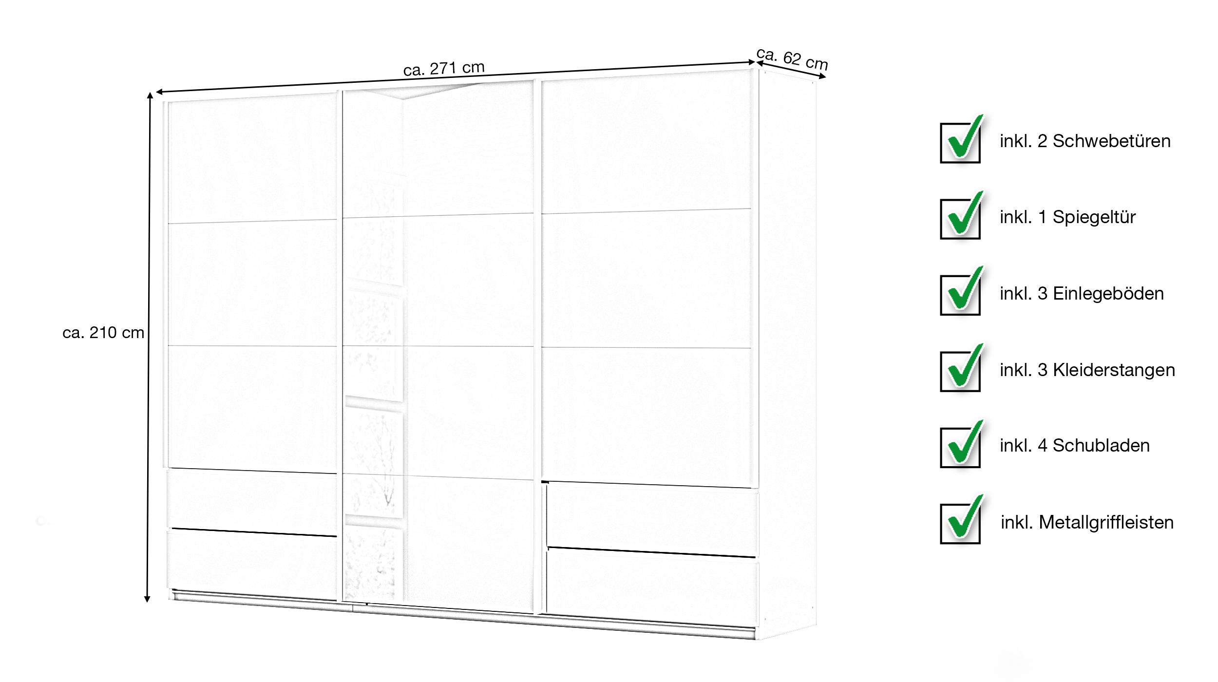 Schwebetürenschrank grau mit Spiegel - 271 cm - rauch - ELARA