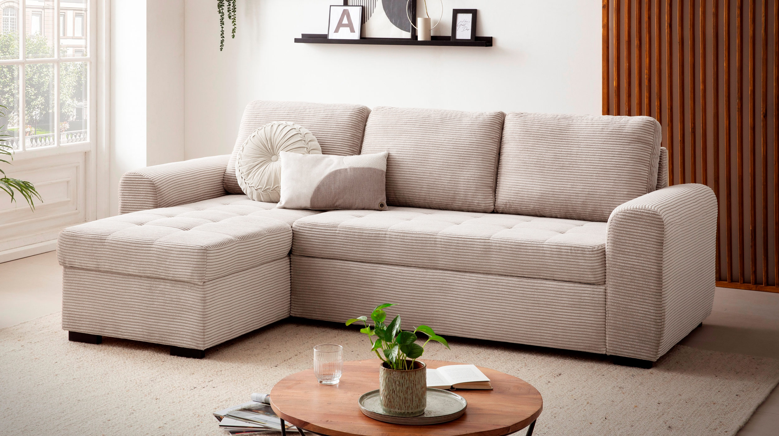 Ecksofa Cord beige mit Schlaffunktion 243 cm - Bettkasten - POLL