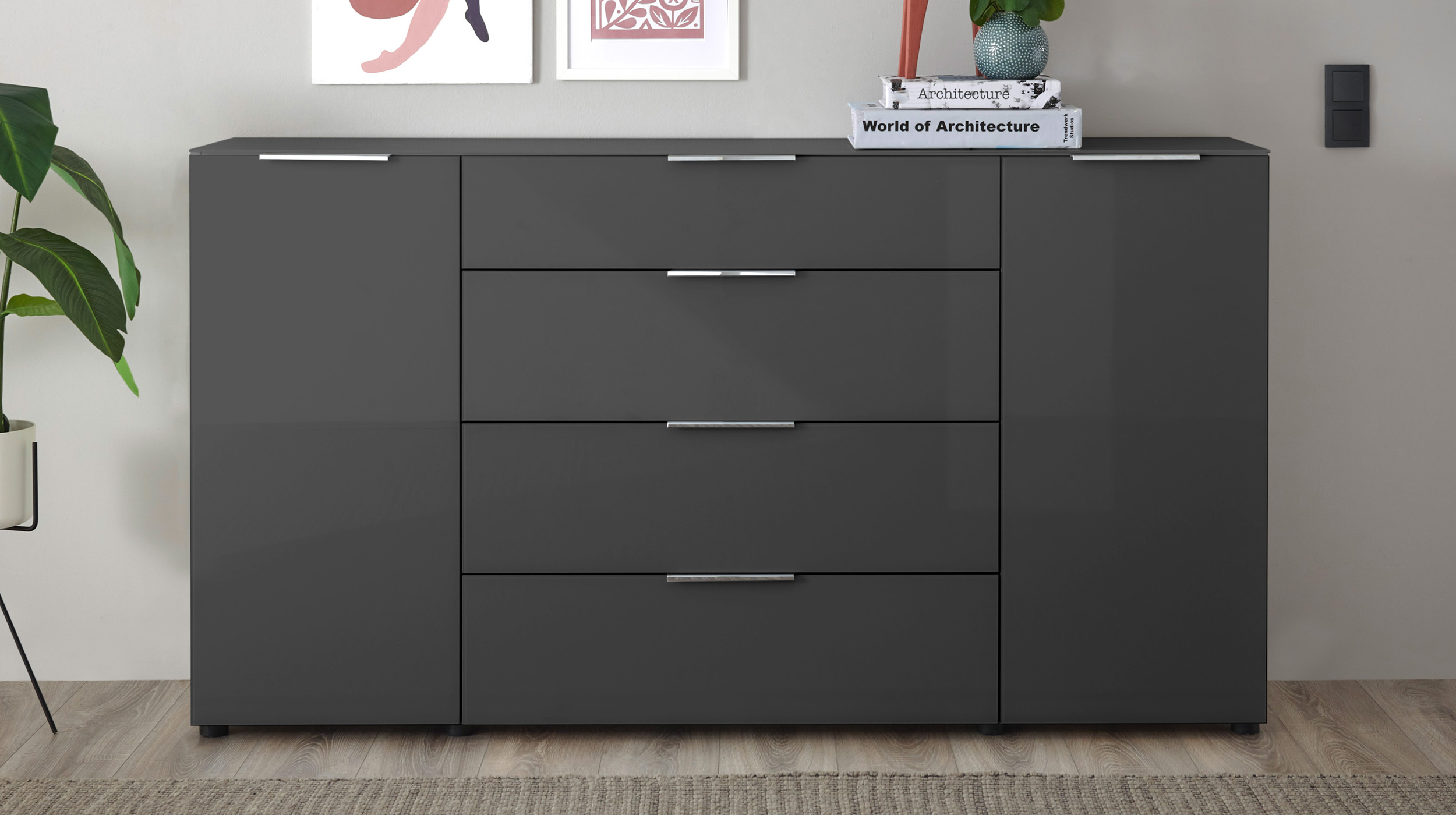 Sideboard 4 Schubladen - anthrazit - Glasfront - 180 cm - SANTORIN