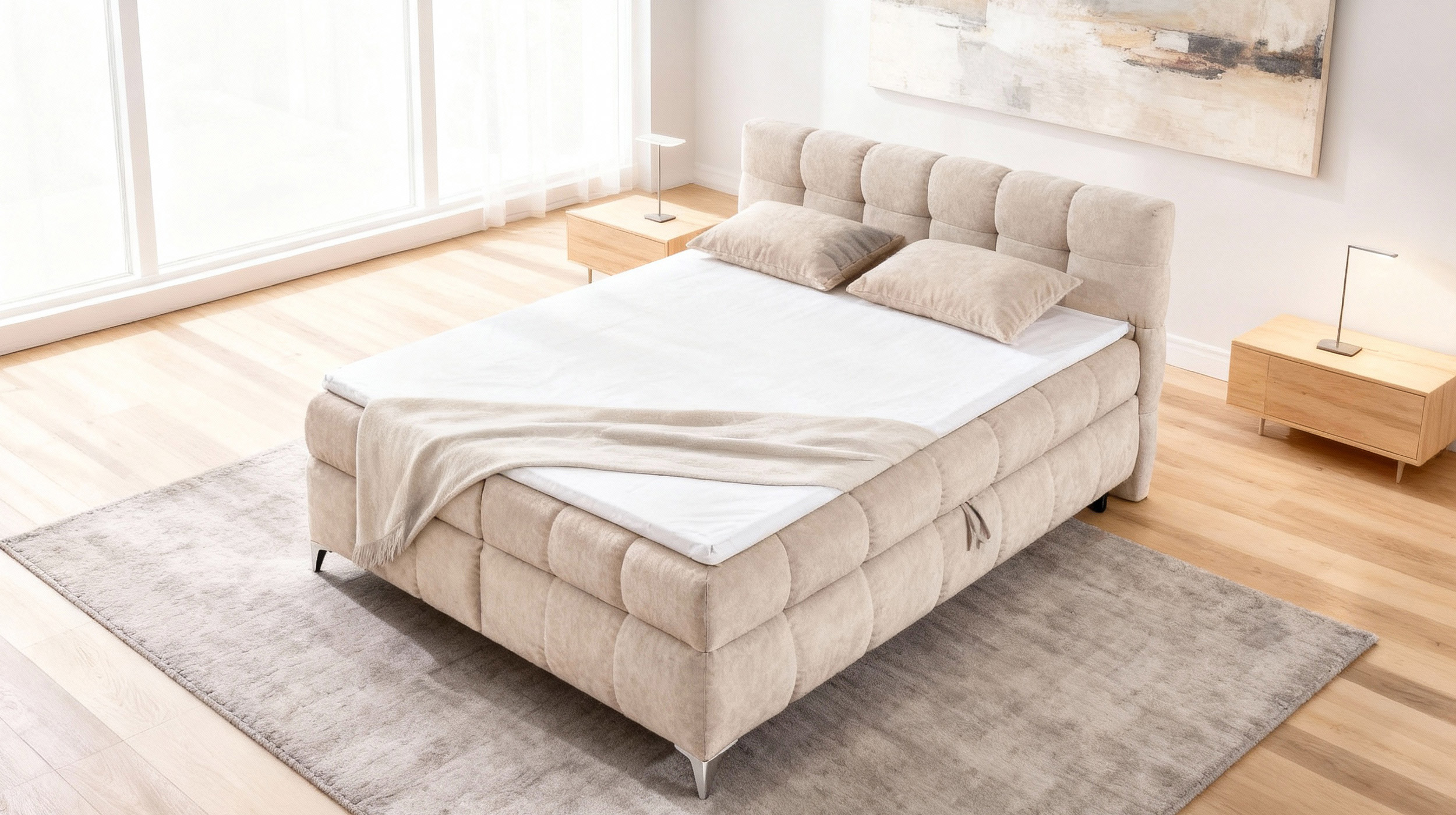 Boxbett 180 x 200 cm beige Stoffbezug mit Bettkasten - VELARIO