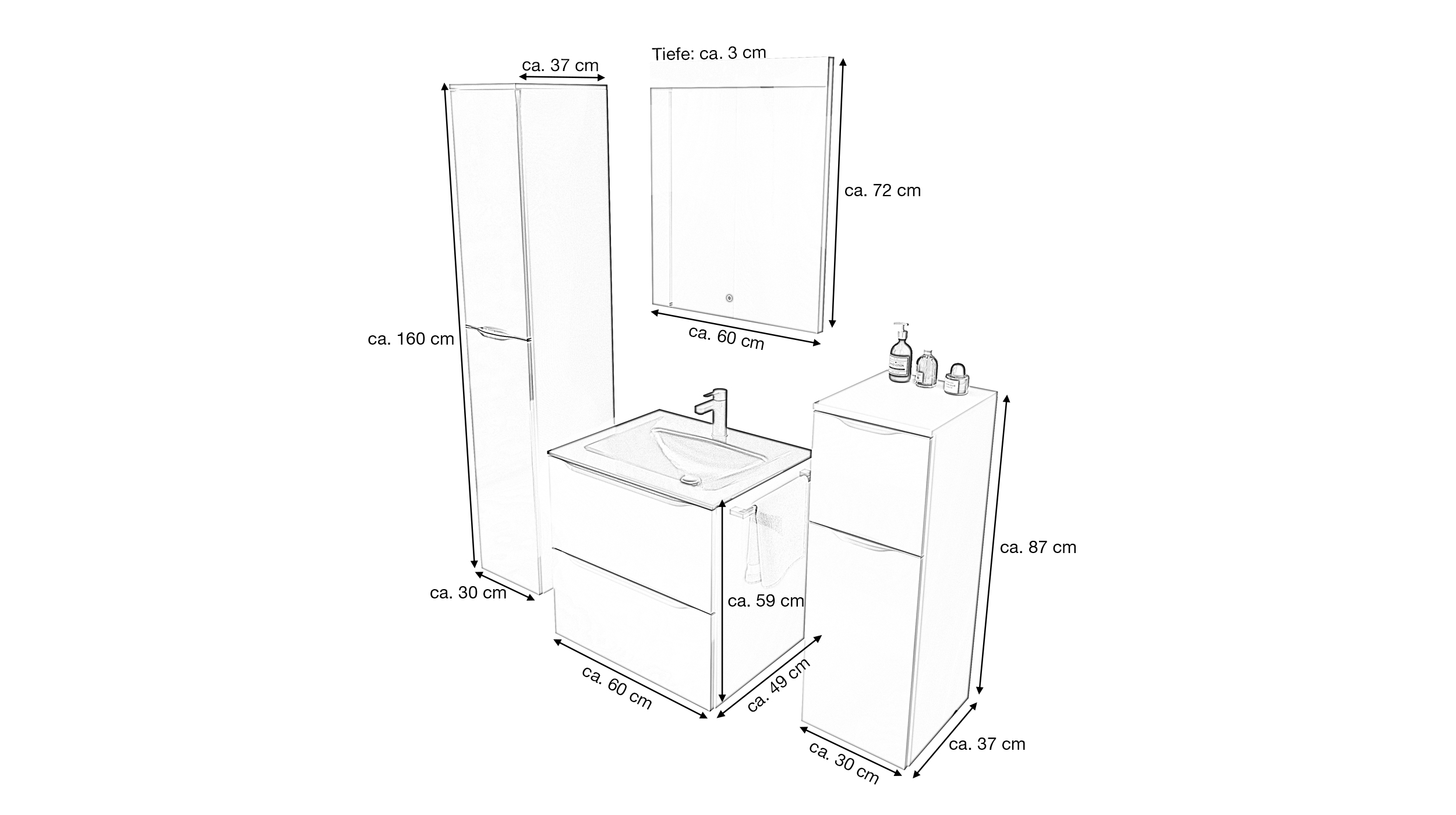 Badmöbel-Set weiß Glanz - 4-Teile - Waschtisch 60 cm - FRANA