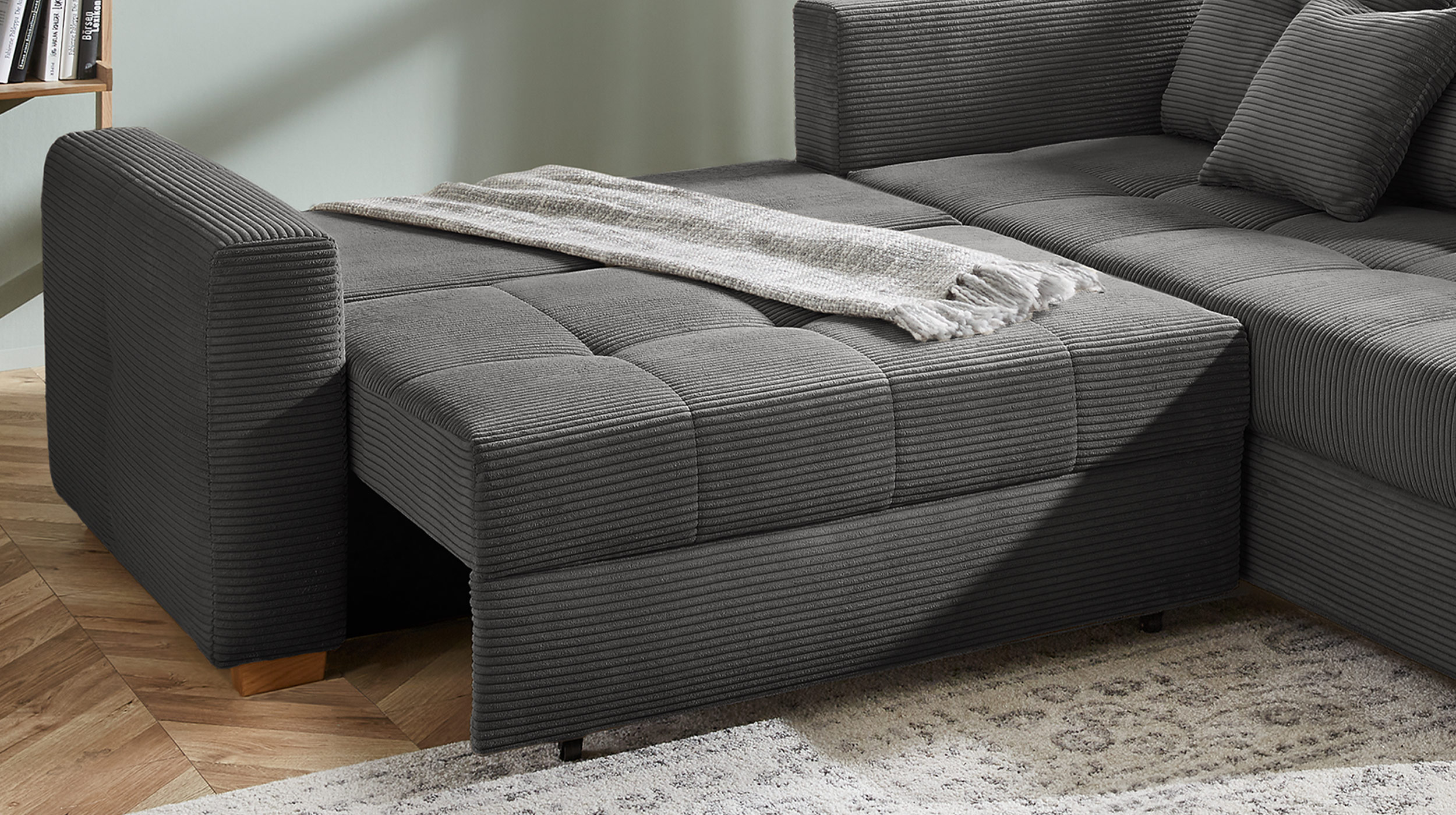 Ecksofa Cord grau 228 cm - Schlaffunktion Bettkasten - HEIDELBERG