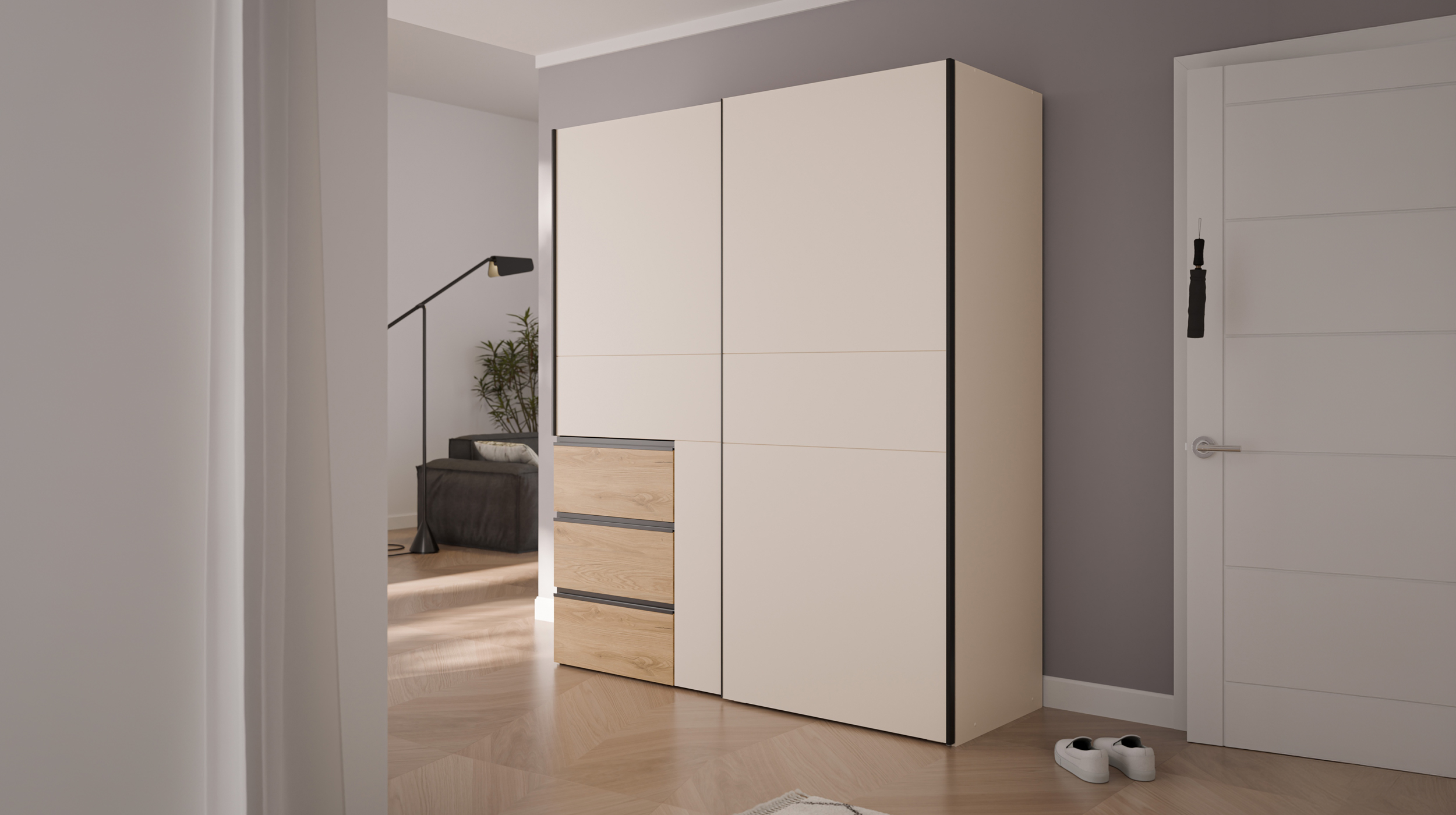 Schwebetürenschrank beige Wildeiche 170 cm 2-türig - WINN