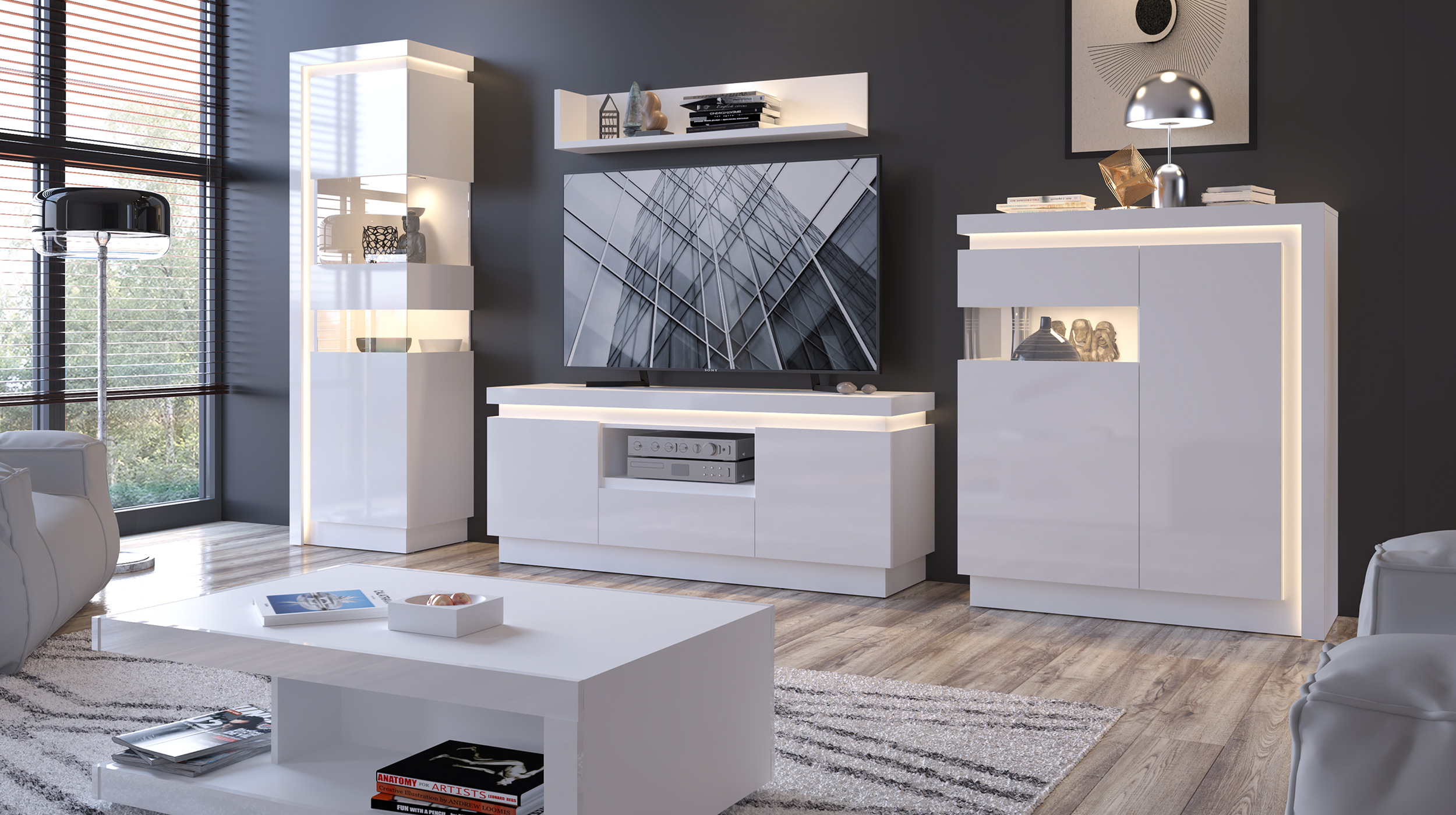 TV - Lowboard mit Beleuchtung weiß Hochglanz 160 cm - LYON
