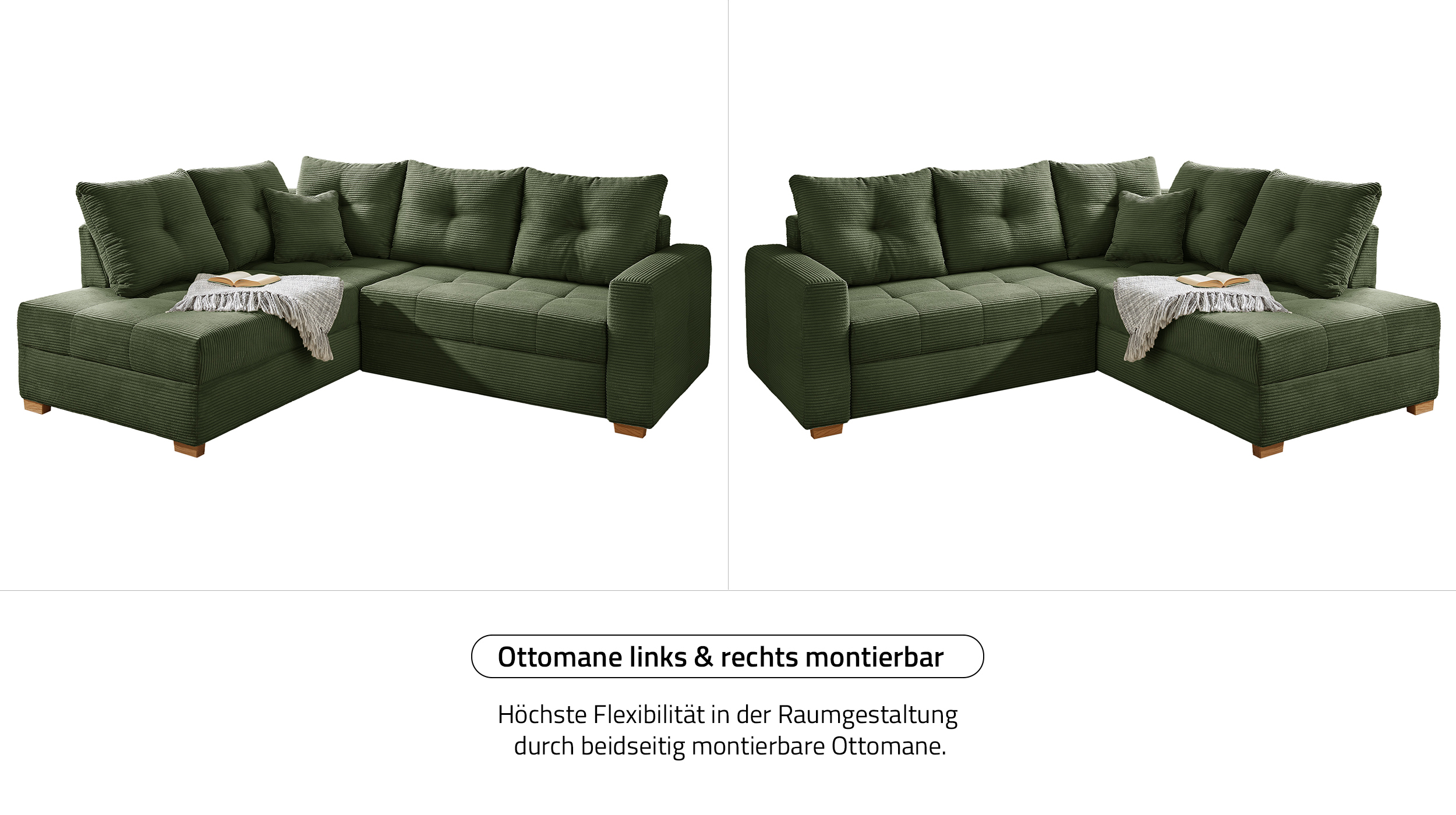 Ecksofa Cord grün 228 cm - Schlaffunktion Bettkasten - HEIDELBERG