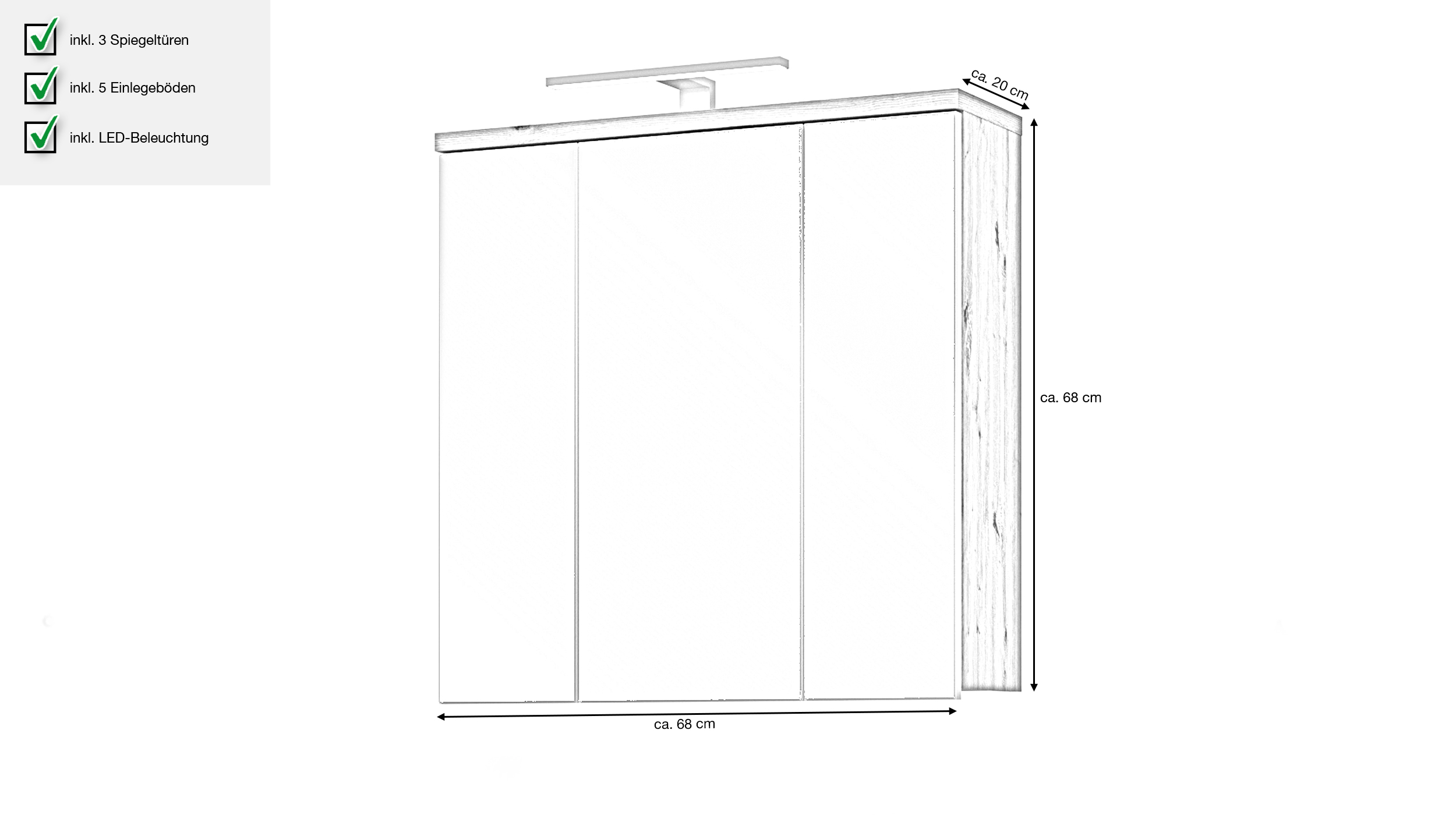 Spiegelschrank mit Beleuchtung Artisan Eiche 68 cm - VERIS