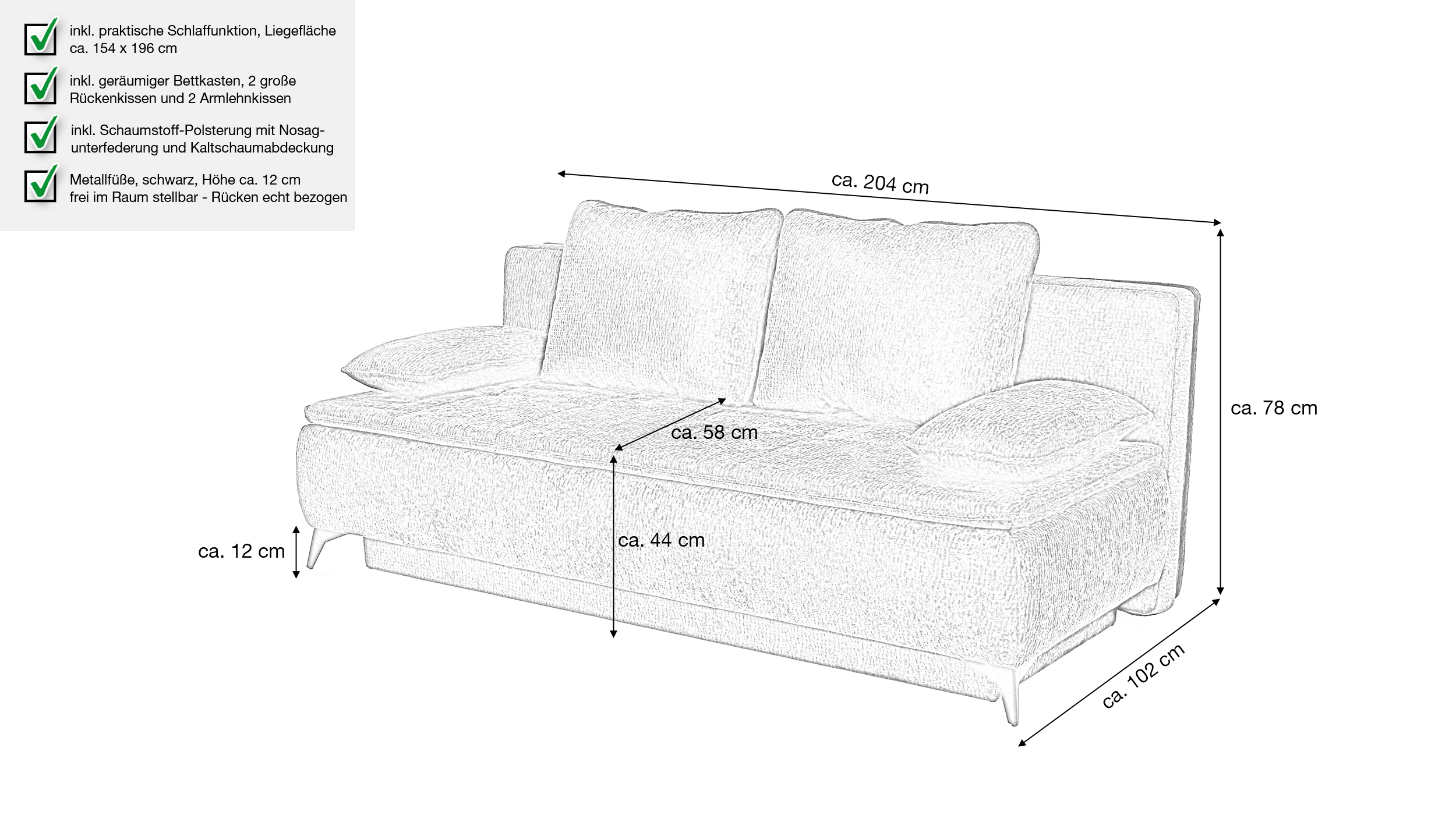 Schlafsofa grau 204 cm mit Bettkasten - Dauerschläfer - LIVENTO