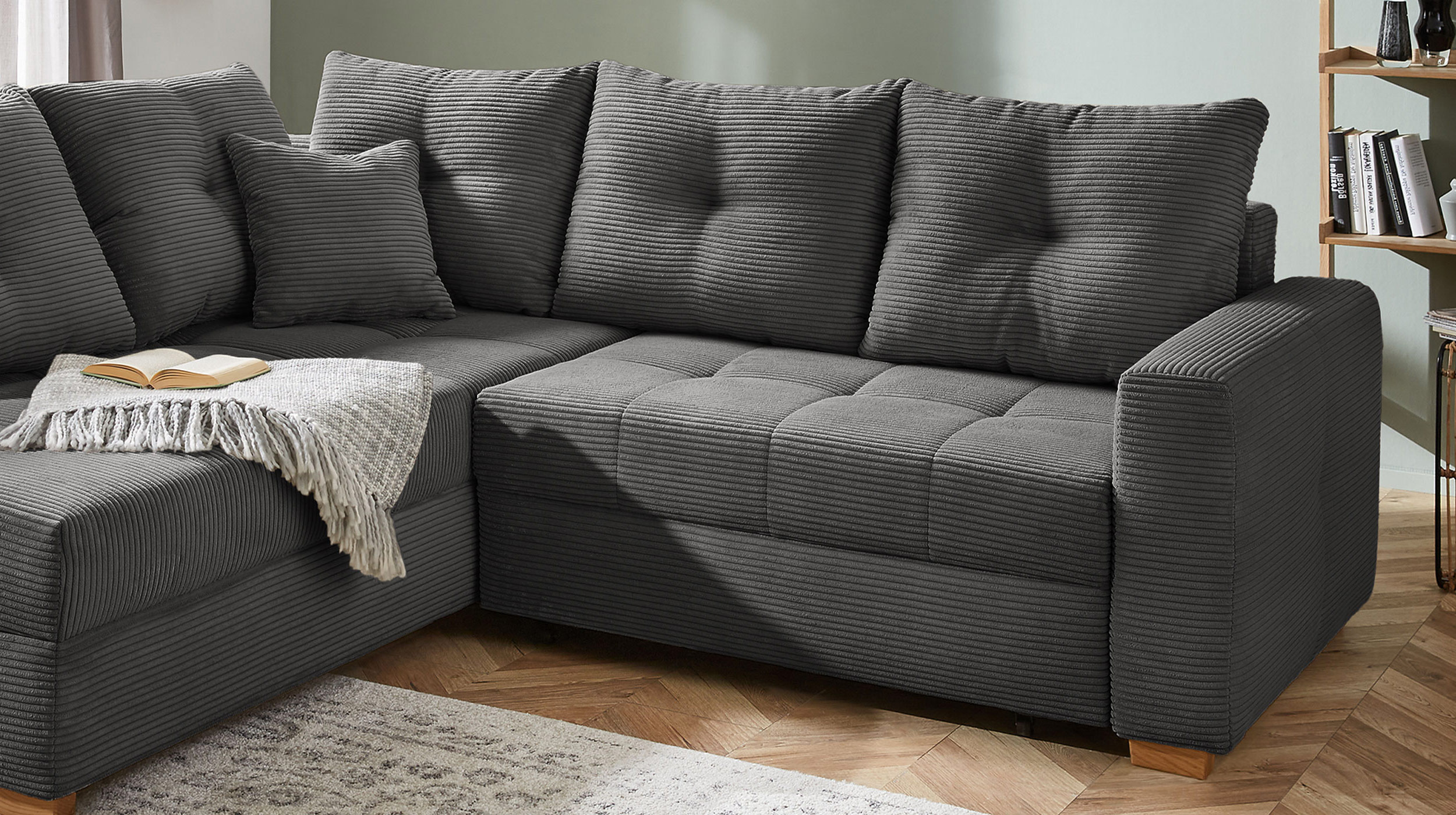 Ecksofa Cord grau 228 cm - Schlaffunktion Bettkasten - HEIDELBERG
