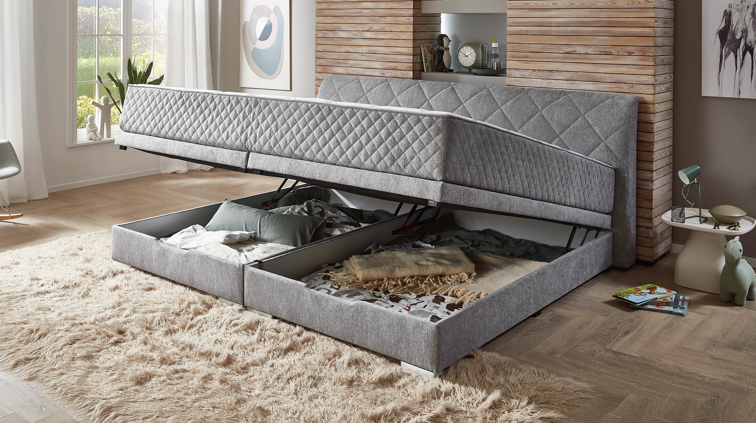 Boxbett 240 x 200 cm grau mit Bettkasten - KUFSTEIN