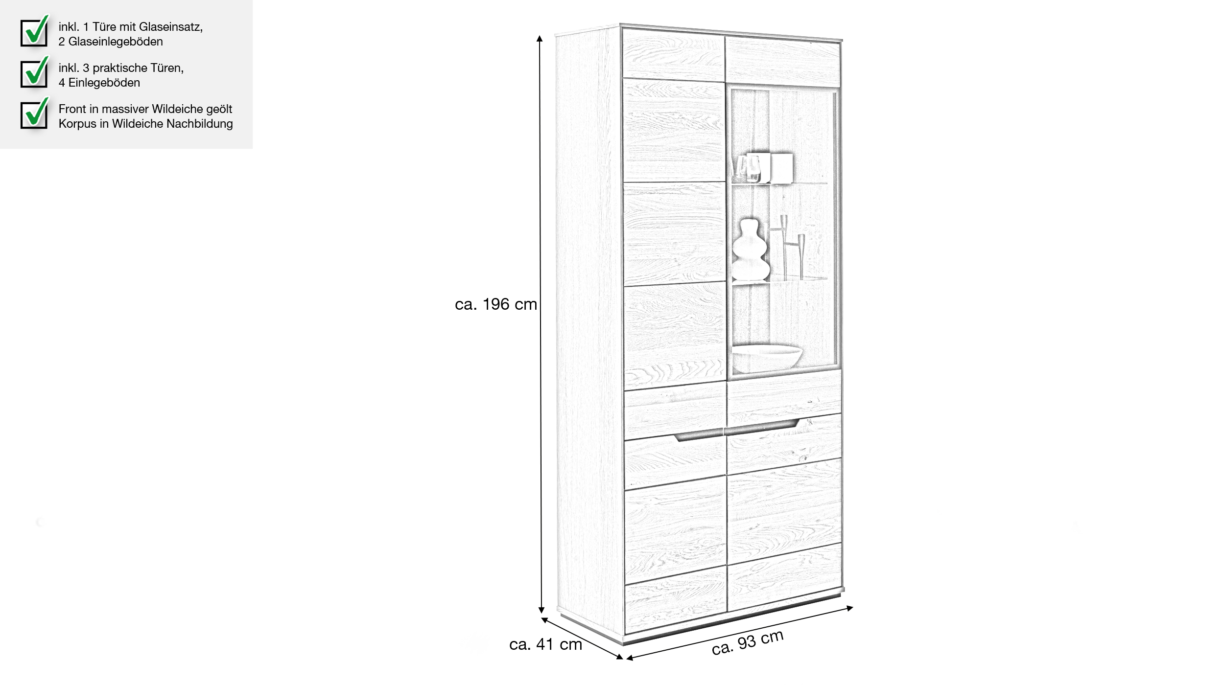 Vitrine mit Glastür Wildeiche teilmassiv geölt Breite 93 cm - ARAYA