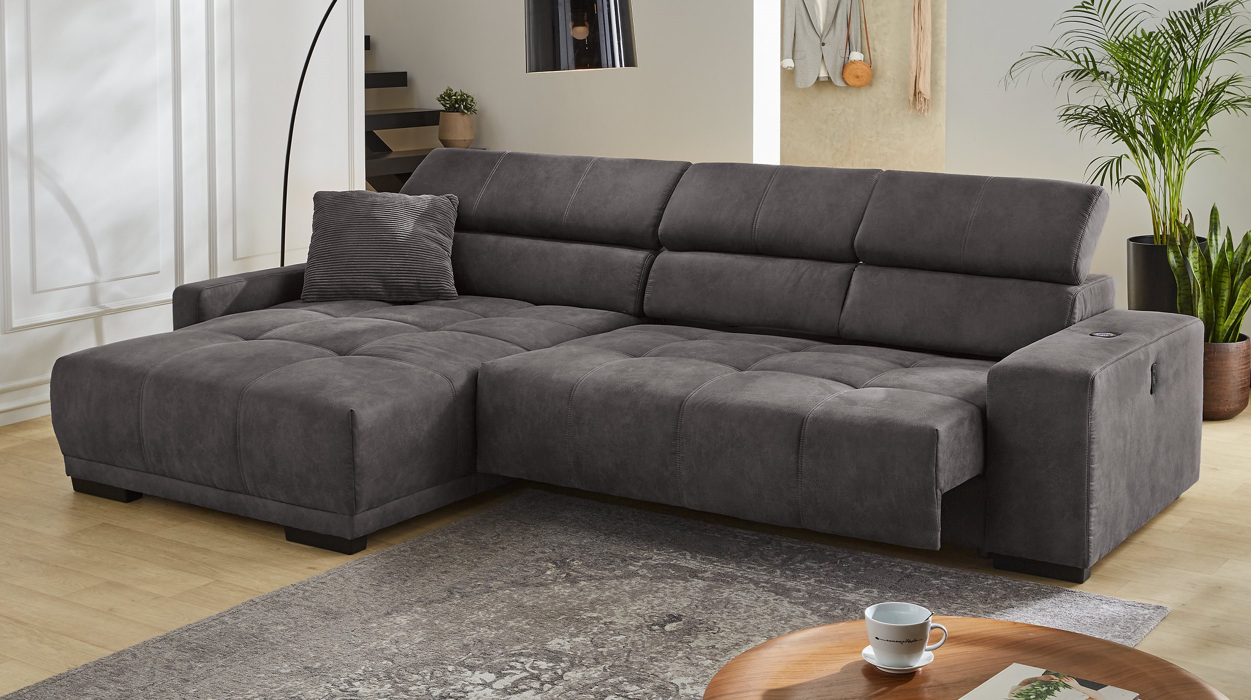 Ecksofa grau elektrisch ausfahrbar 315 cm - LE MANS