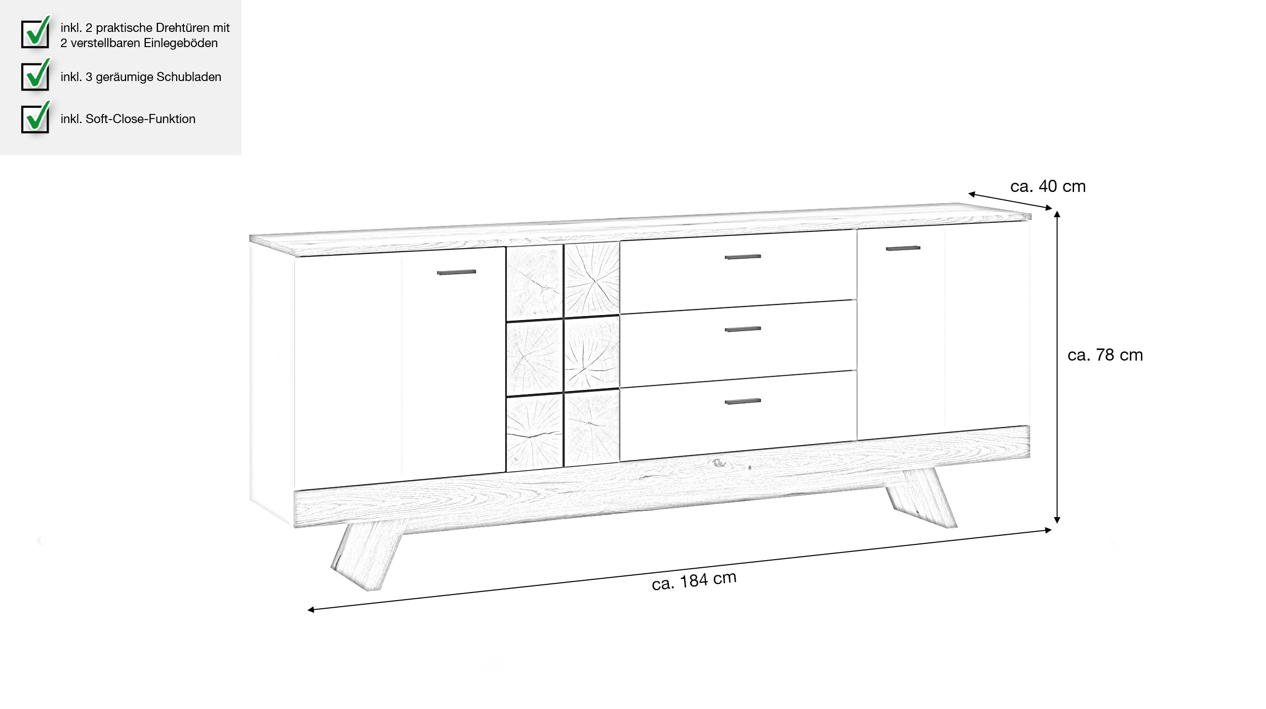 Sideboard mit 3 Schubladen weiß Hochglanz - Eiche 184 cm - ORETA