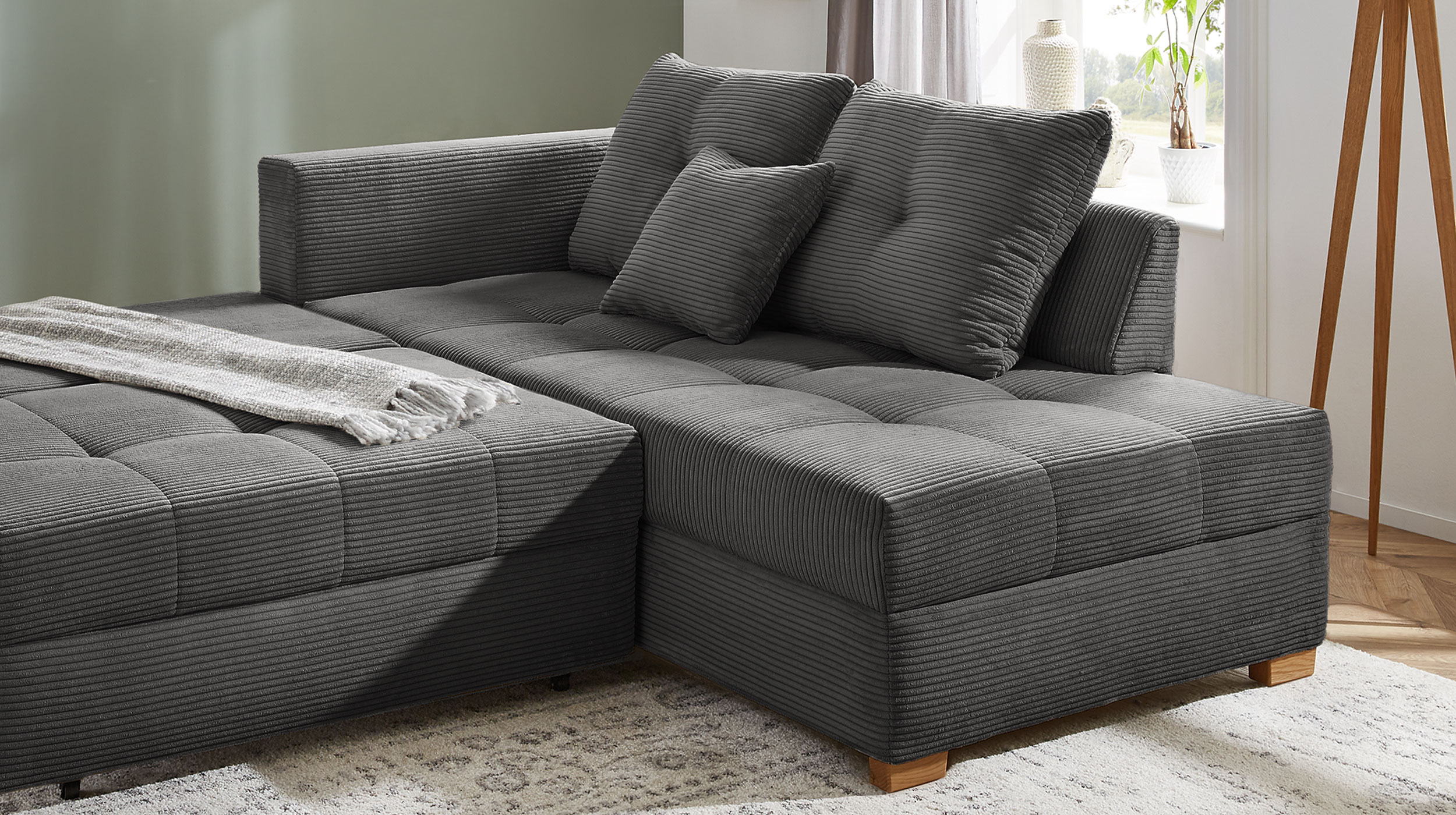 Ecksofa Cord grau 228 cm - Schlaffunktion Bettkasten - HEIDELBERG