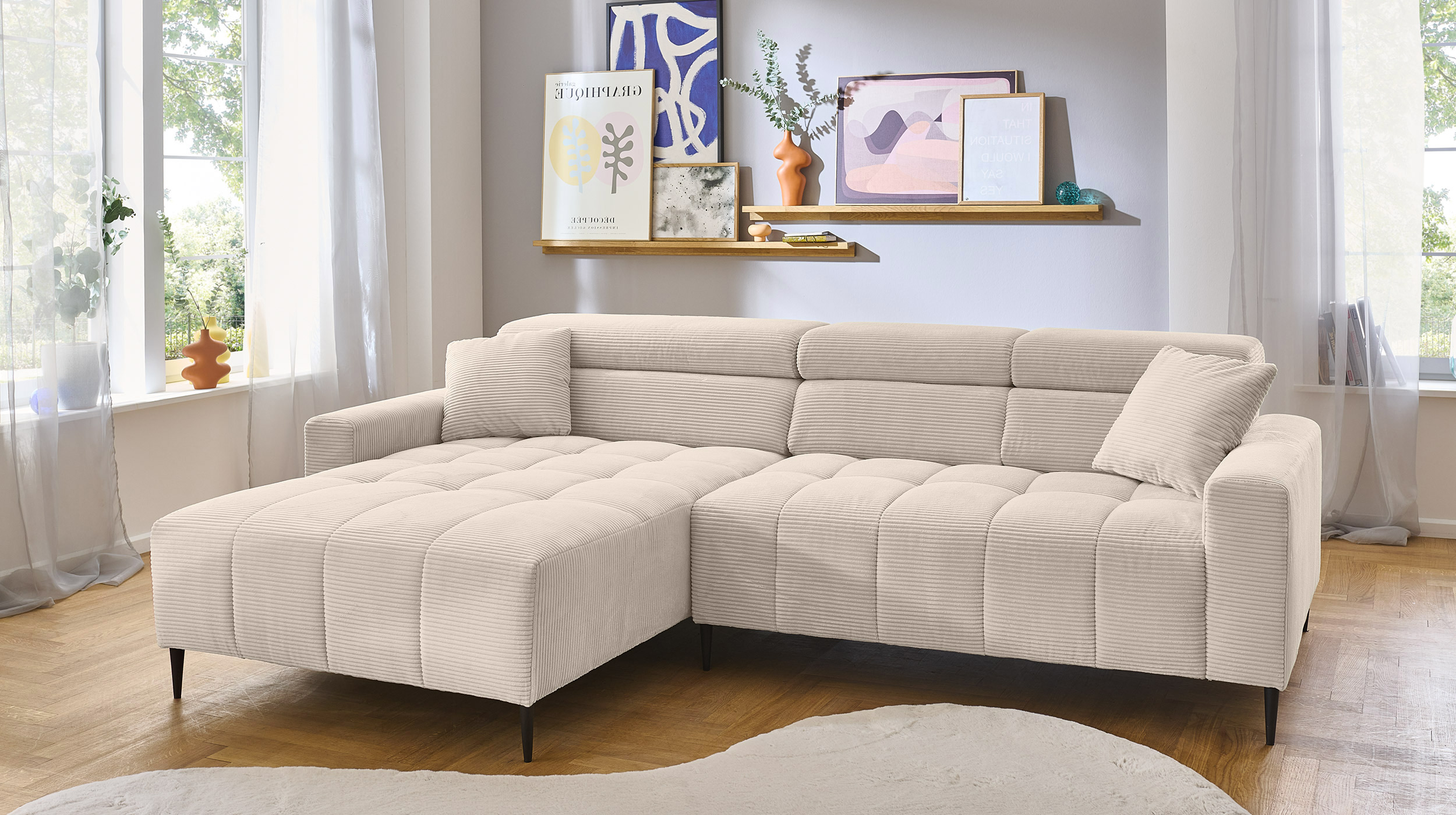 Ecksofa Cord beige ausziehbar - Sitztiefenverstellung 256 cm - OT links - SIMPLE