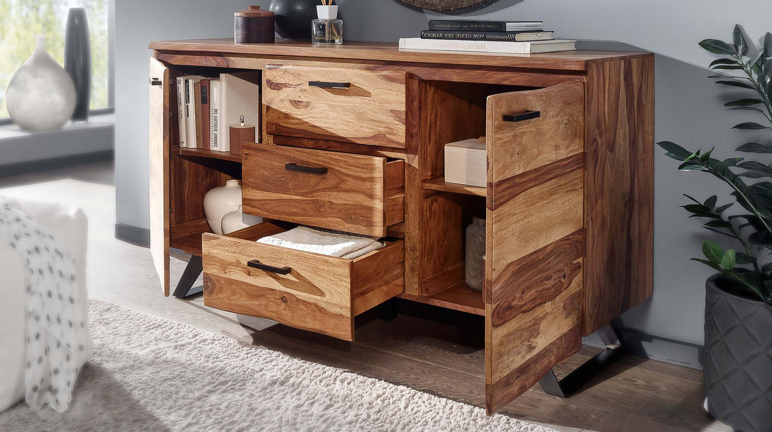 Sideboard mit 3 Schubladen Sheesham massiv 145 cm - VINNAN