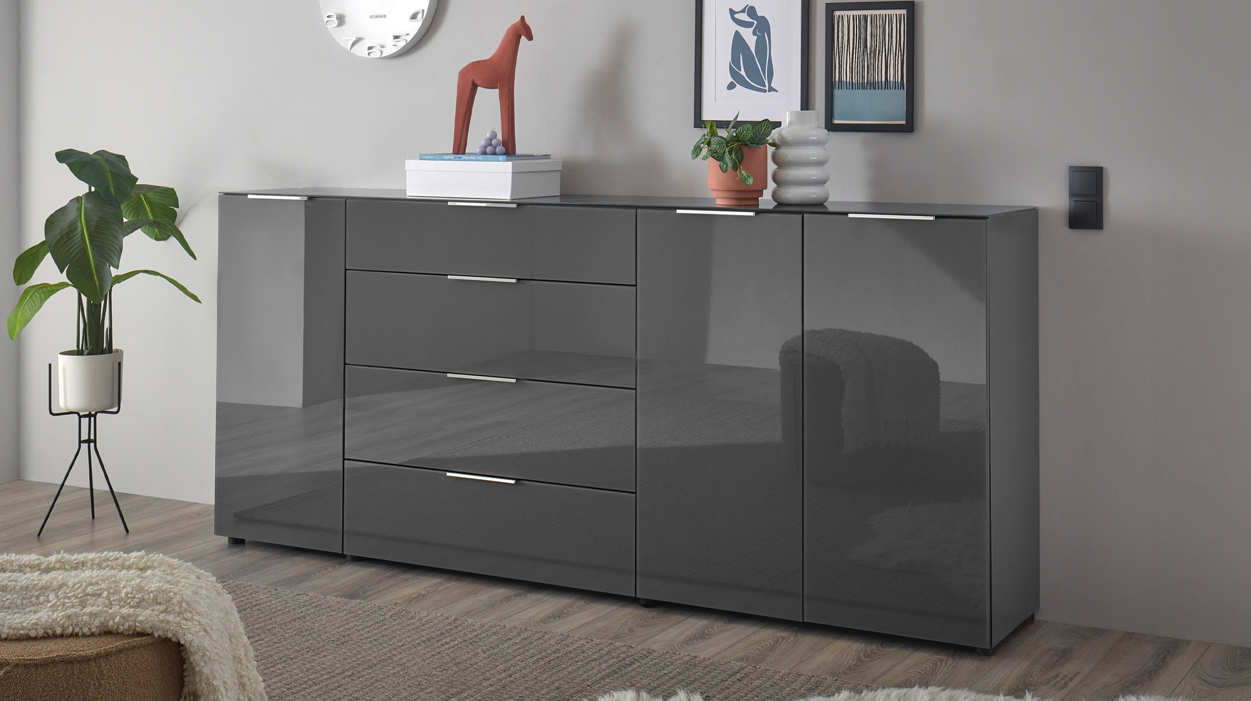 Sideboard 4 Schubladen - anthrazit - Glasfront - 226 cm - SANTORIN