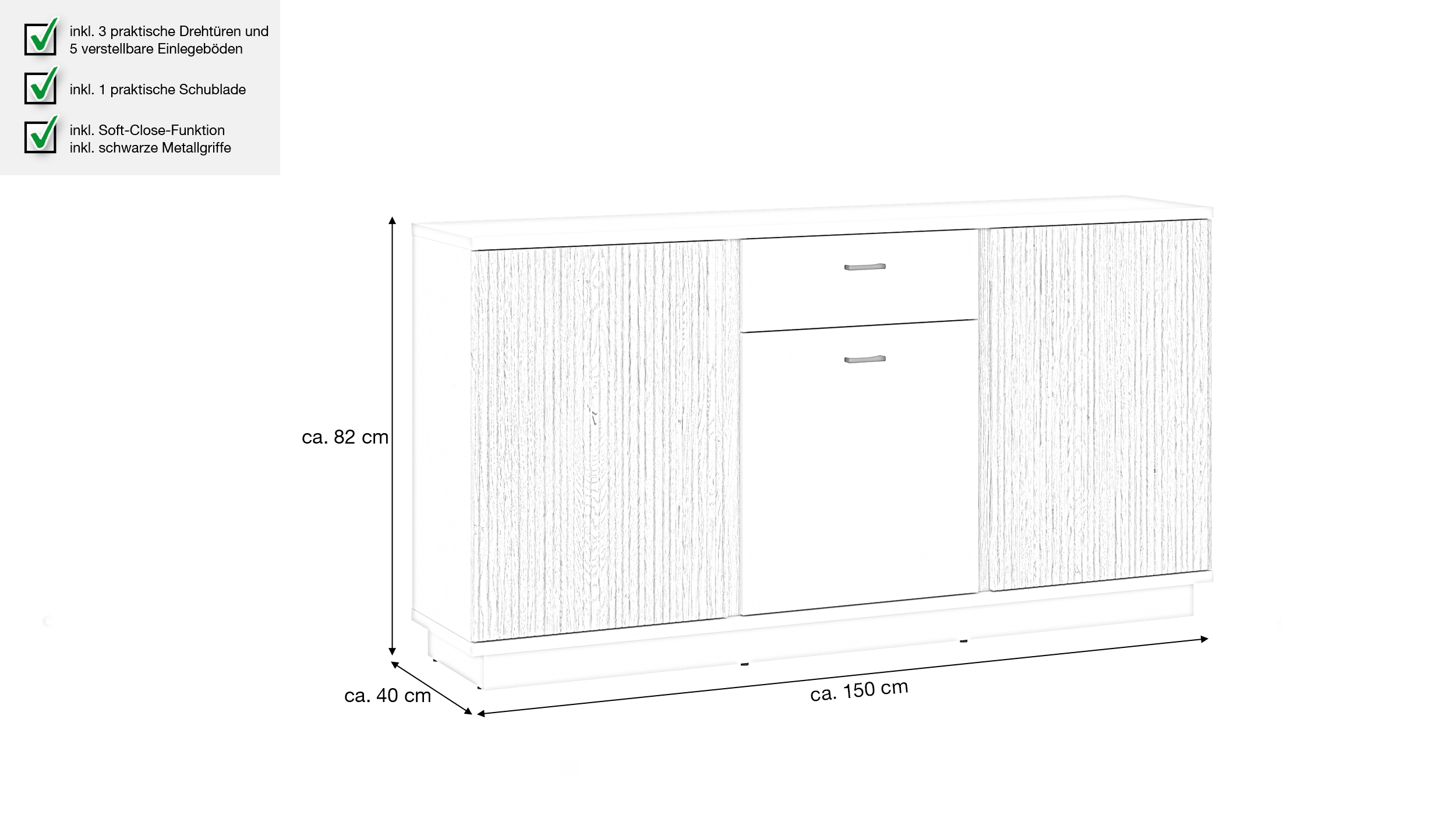 Sideboard mit 1 Schublade beige - Eiche 150 cm - MOSANO