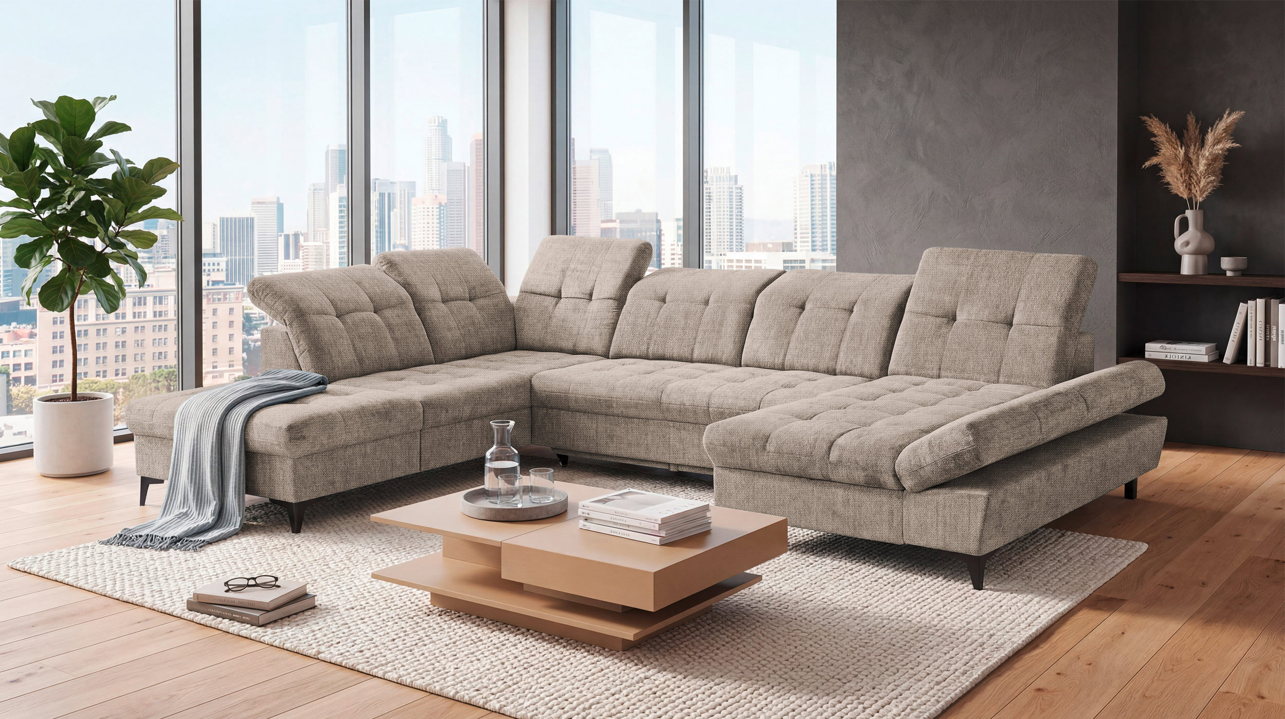 Wohnlandschaft Schlaffunktion Bettkasten Beige-Kaschmir - MERCY