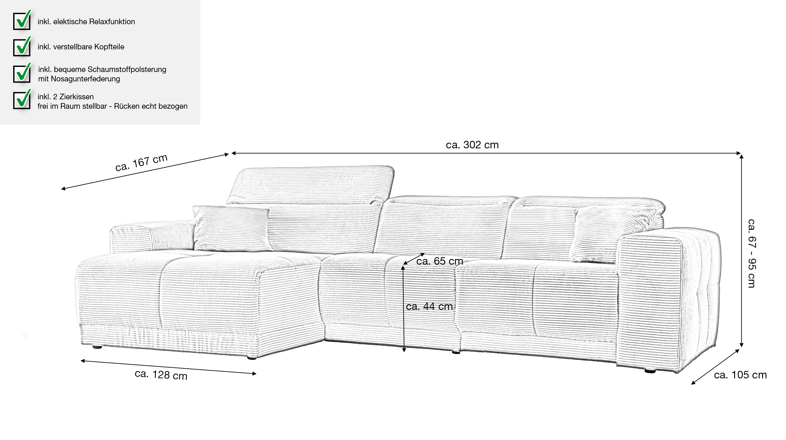 Ecksofa Cord grün 302 x 167 cm mit Relaxfunktion - OT links - TONI