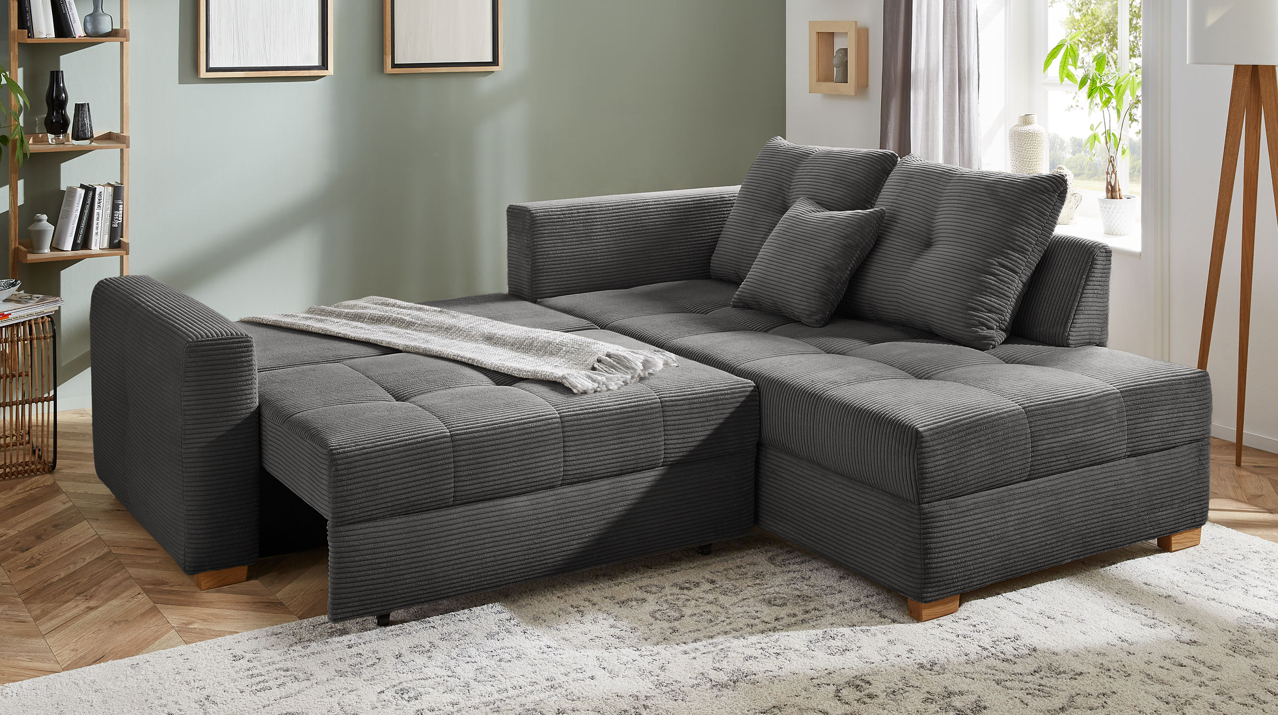 Ecksofa Cord grau 228 cm - Schlaffunktion Bettkasten - HEIDELBERG