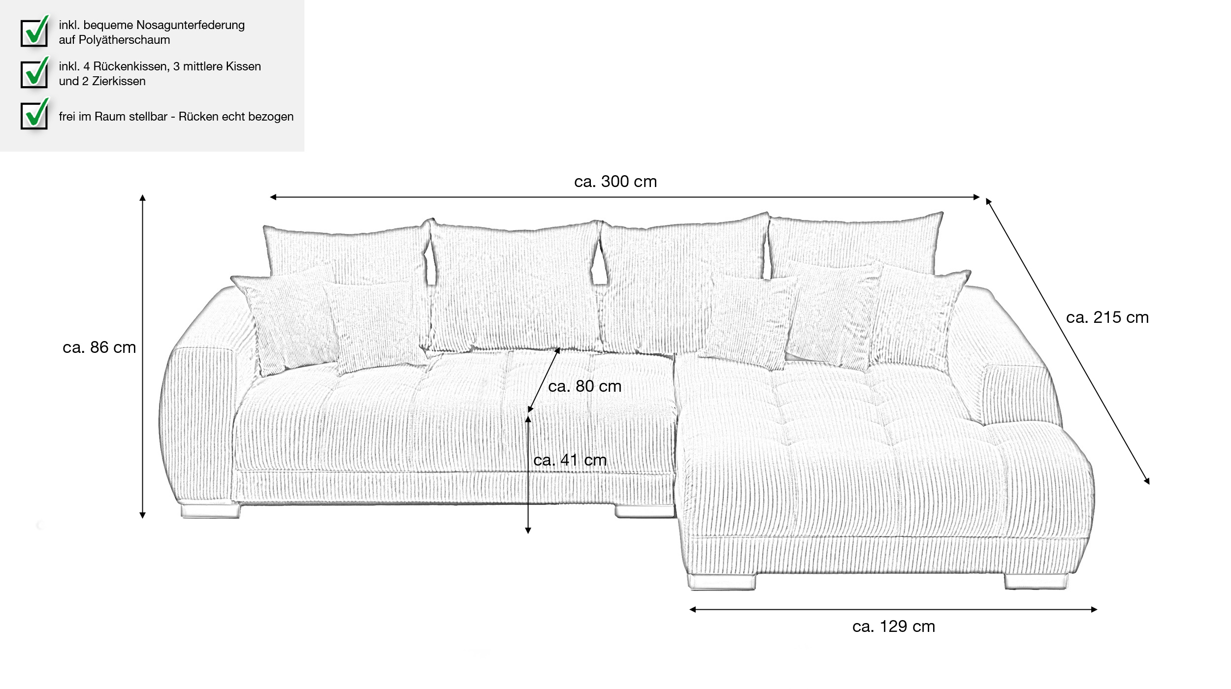 Ecksofa Cord beige 300 x 215 cm - OT rechts - ARTEMIS
