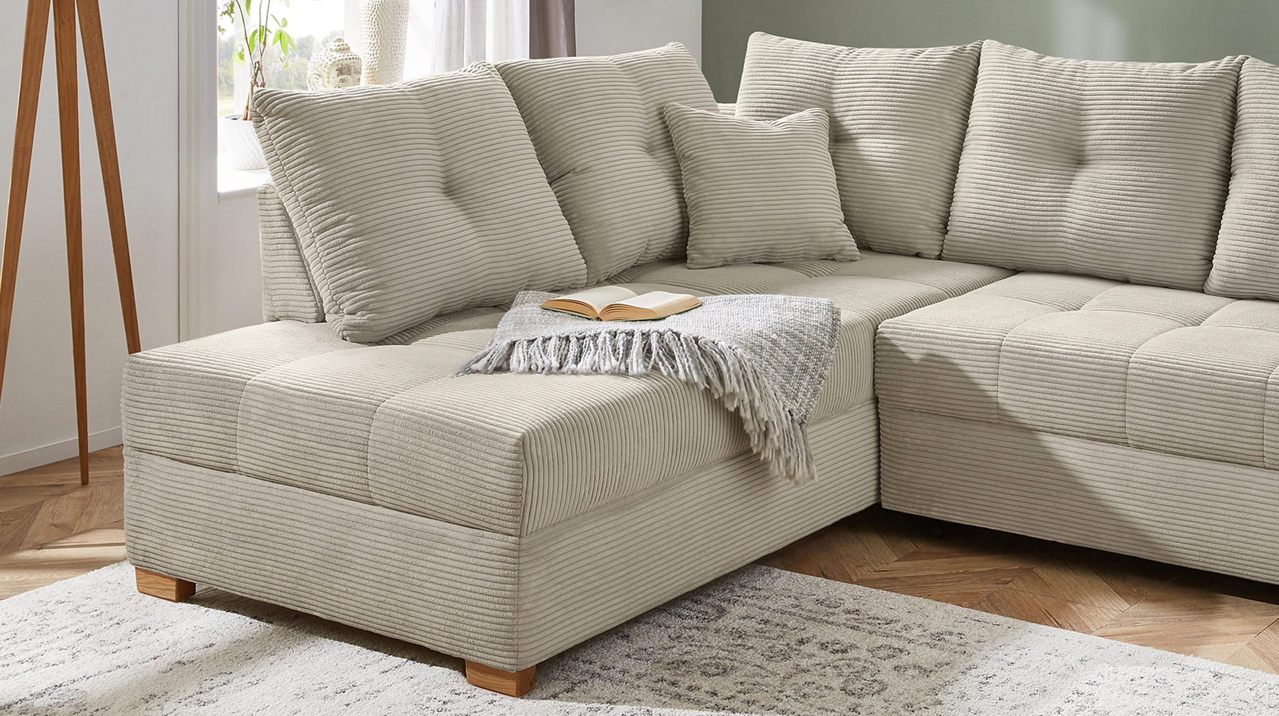 Ecksofa Cord grau-beige 228 cm - Schlaffunktion Bettkasten - HEIDELBERG