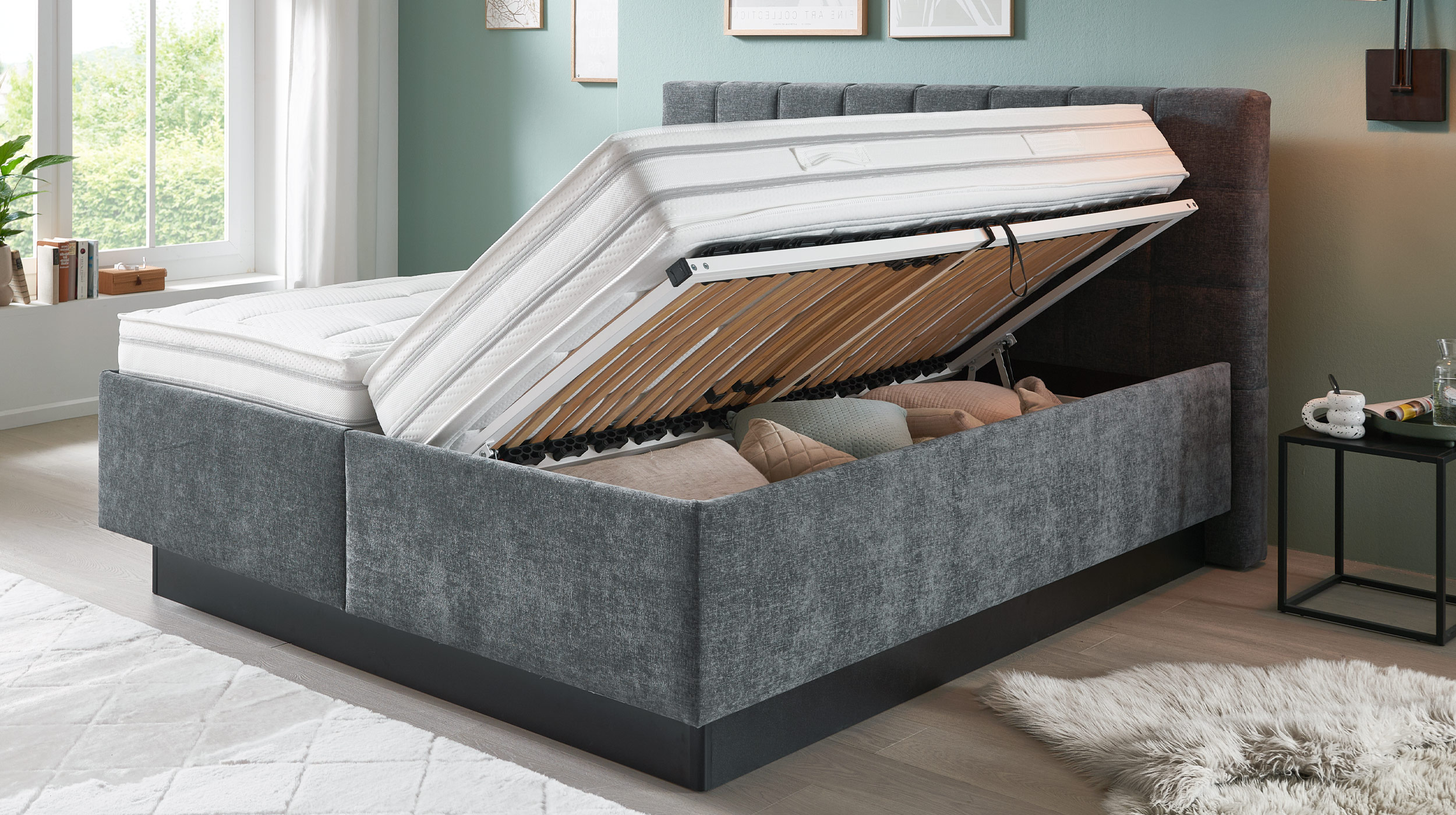 Boxbett 180 x 200 cm mit Bettkasten anthrazit Chenille - SENSINO