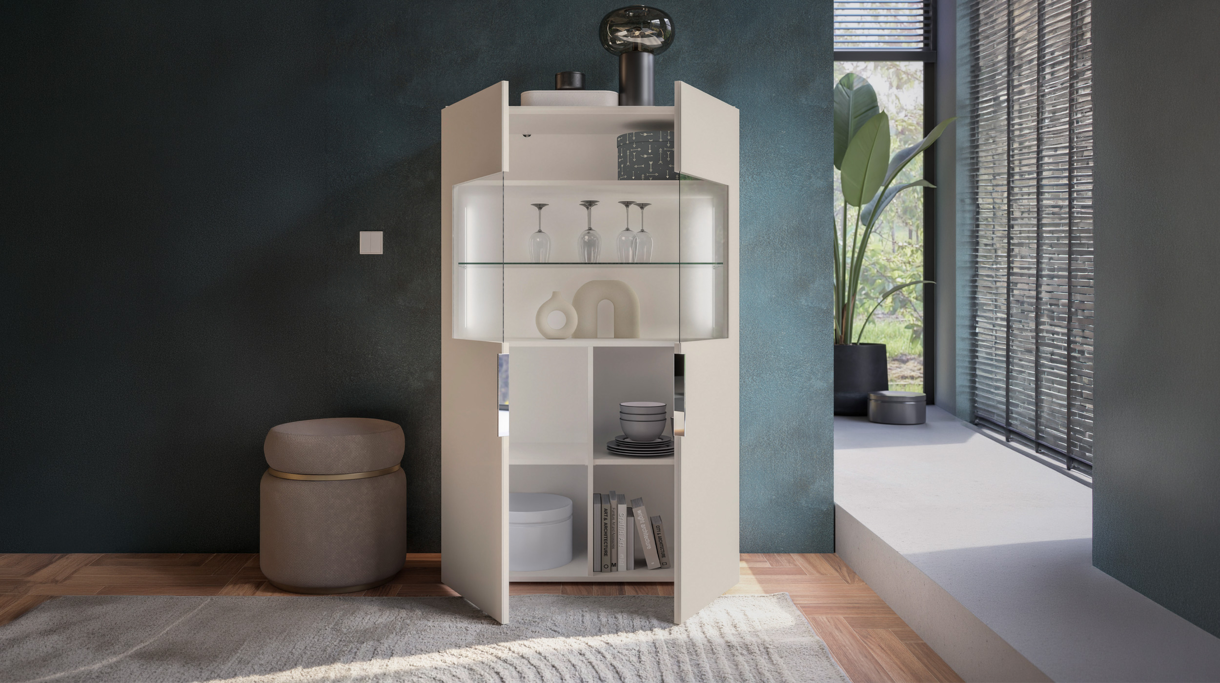 Vitrine mit Beleuchtung kaschmir-beige Glasfront - 90 cm - SANTORIN