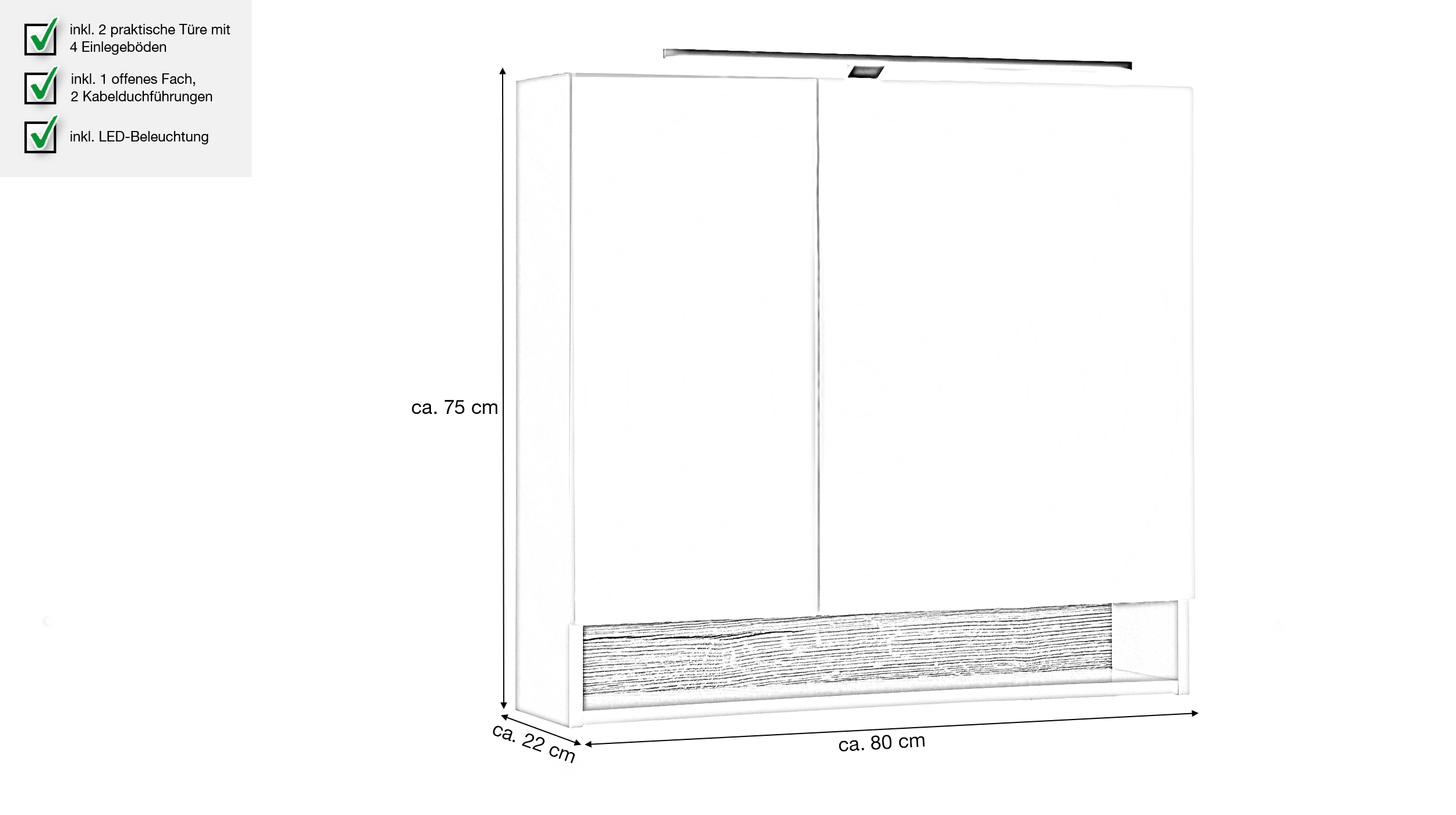 Spiegelschrank mit Beleuchtung weiß Evoke Eiche 80 cm - DALIA