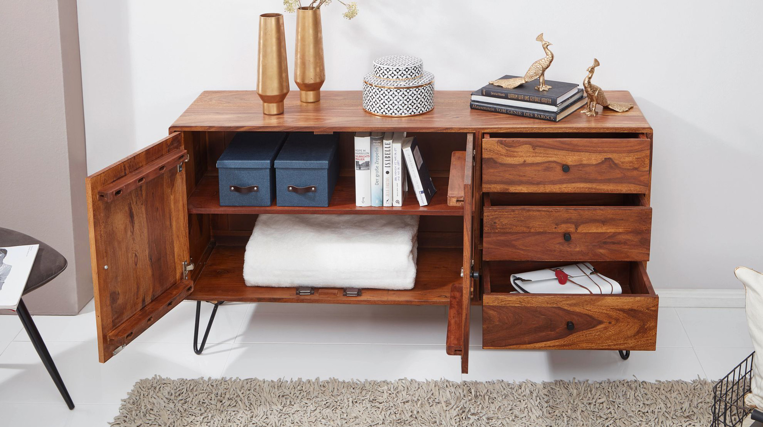Sideboard 3 Schubladen Sheesham massiv 145 cm - BJARKA