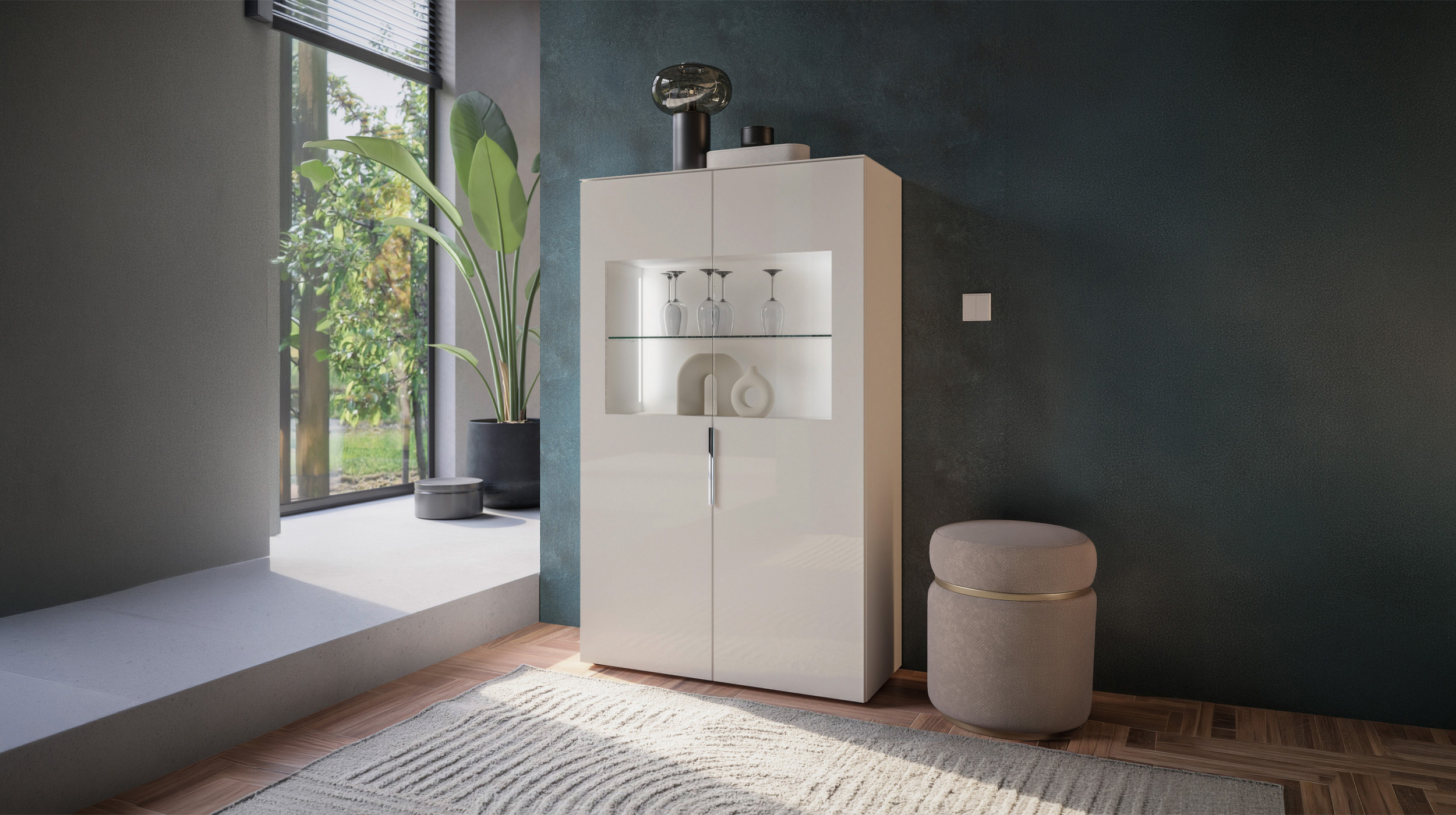 Vitrine mit Beleuchtung kaschmir-beige Glasfront - 90 cm - SANTORIN