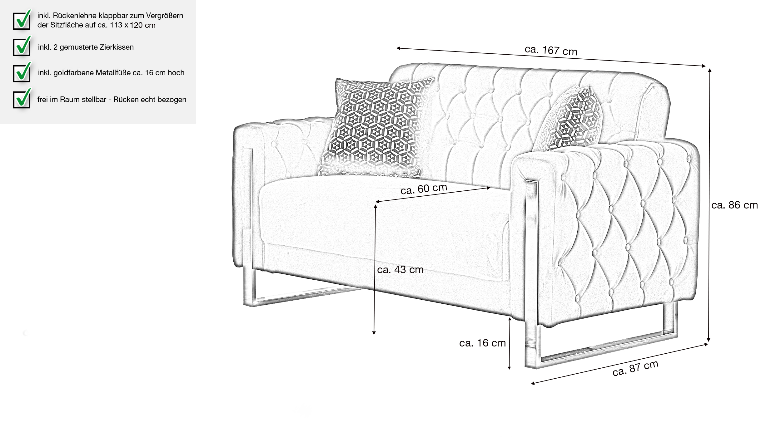 Einzelsofa mit Bettkasten 2-Sitzer schwarz - gold 167 cm - CRYSTAL
