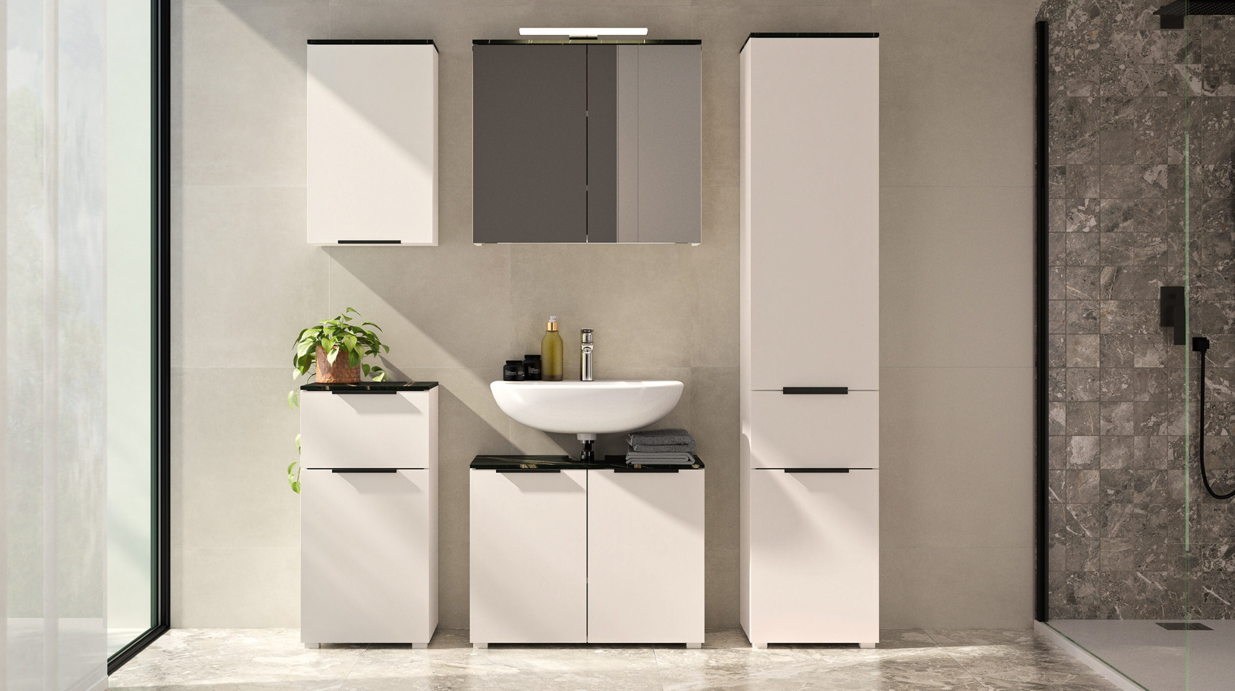Bad Unterschrank beige - Marmoroptik 40 cm - 1 Tür - PROMESSA