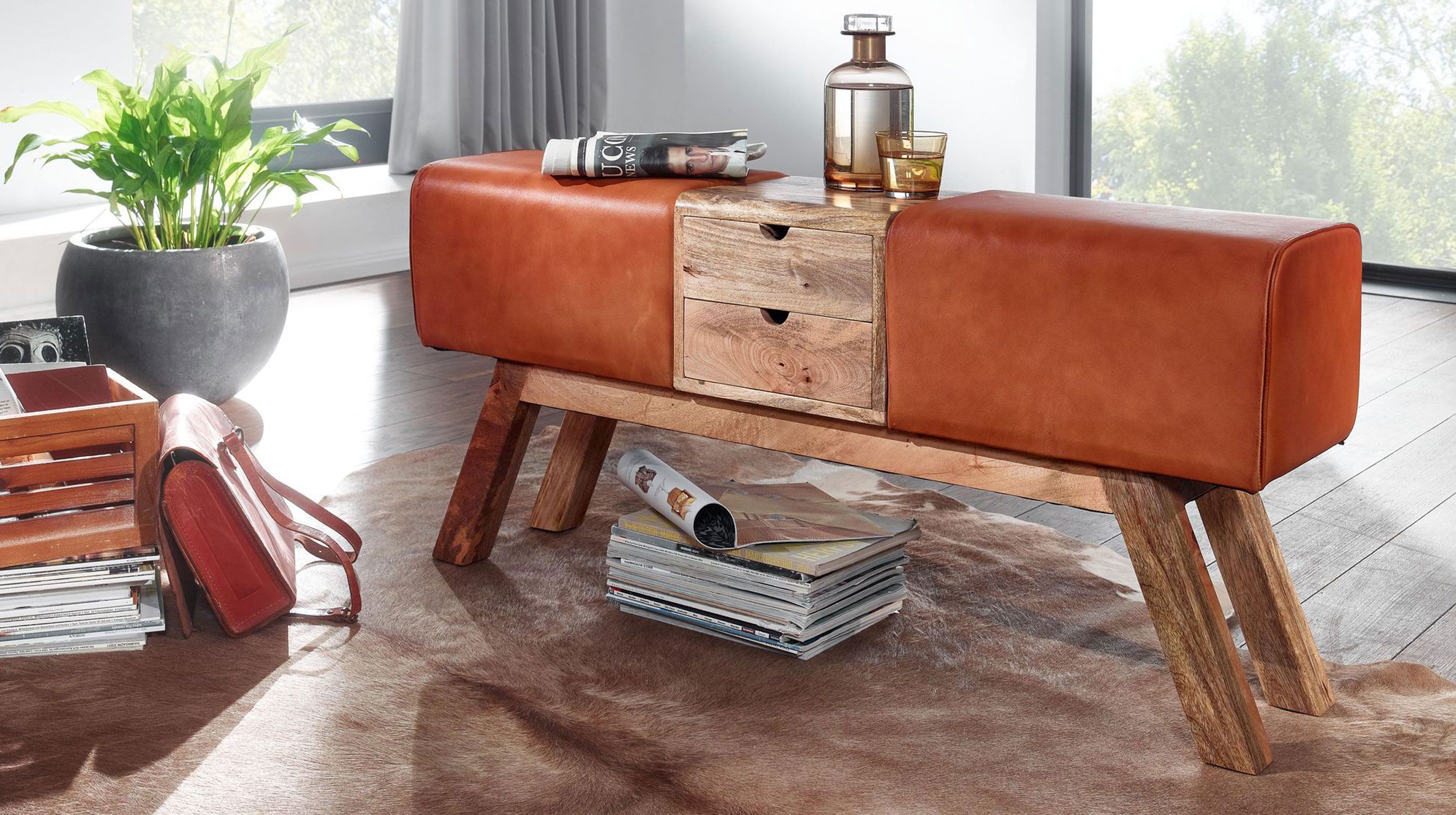 Sitzbank mit Schubladen 120 cm Mangoholz lackiert - TUVA