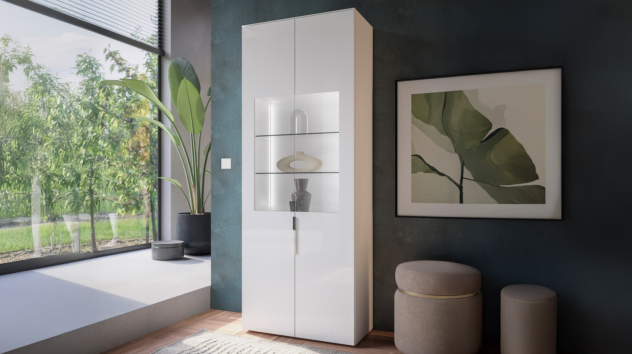 Vitrine mit Beleuchtung weiß - Glasfront - Breite 75 cm - SANTORIN