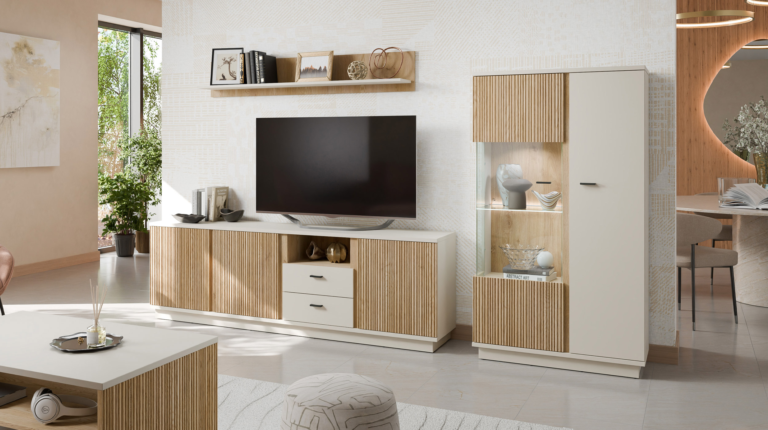 Vitrine mit Glastür beige - Eiche - Breite 87 cm - MOSANO