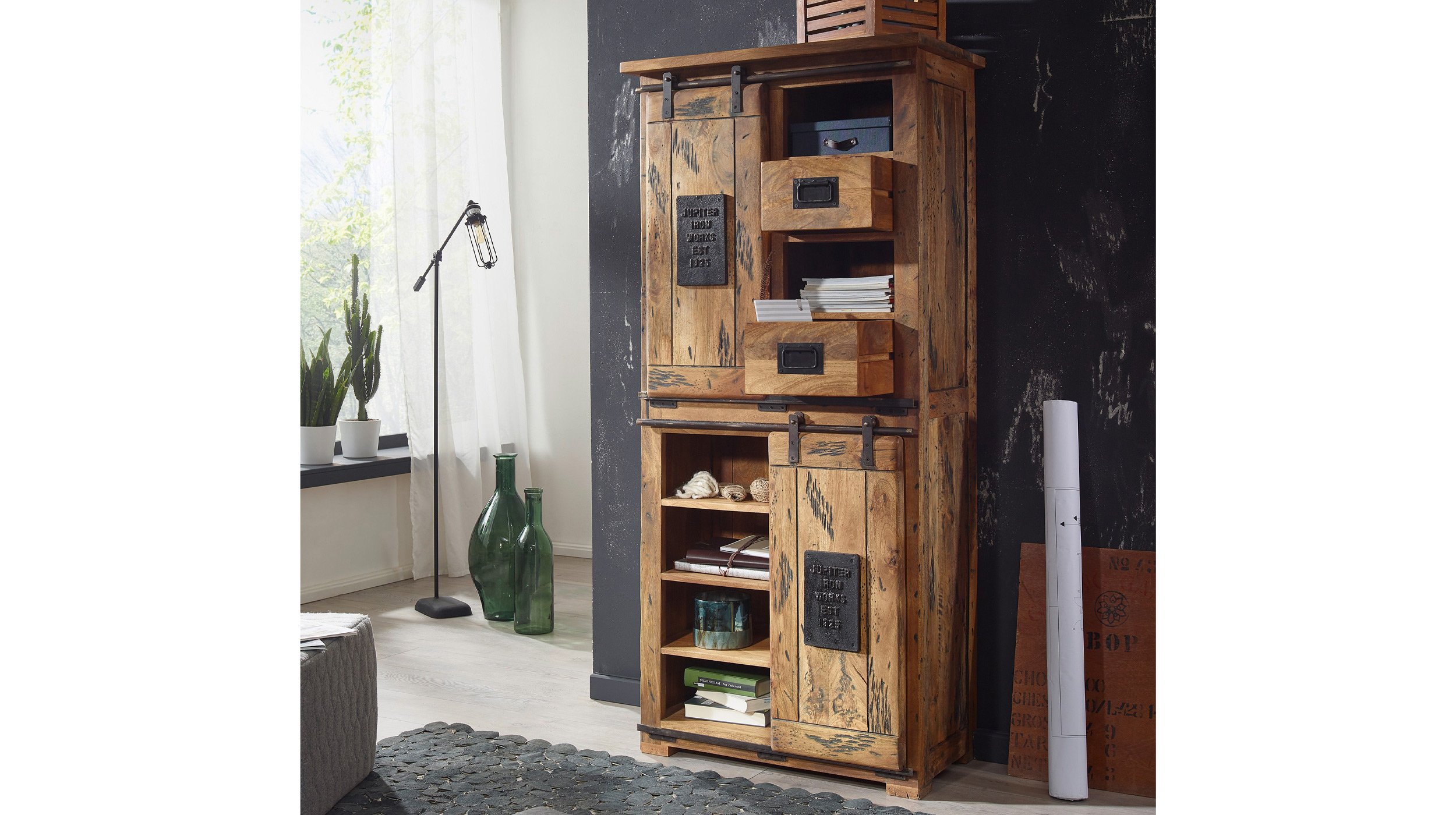 Highboard mit 2 Rolltüren Mango massiv 80 cm - EMANUEL